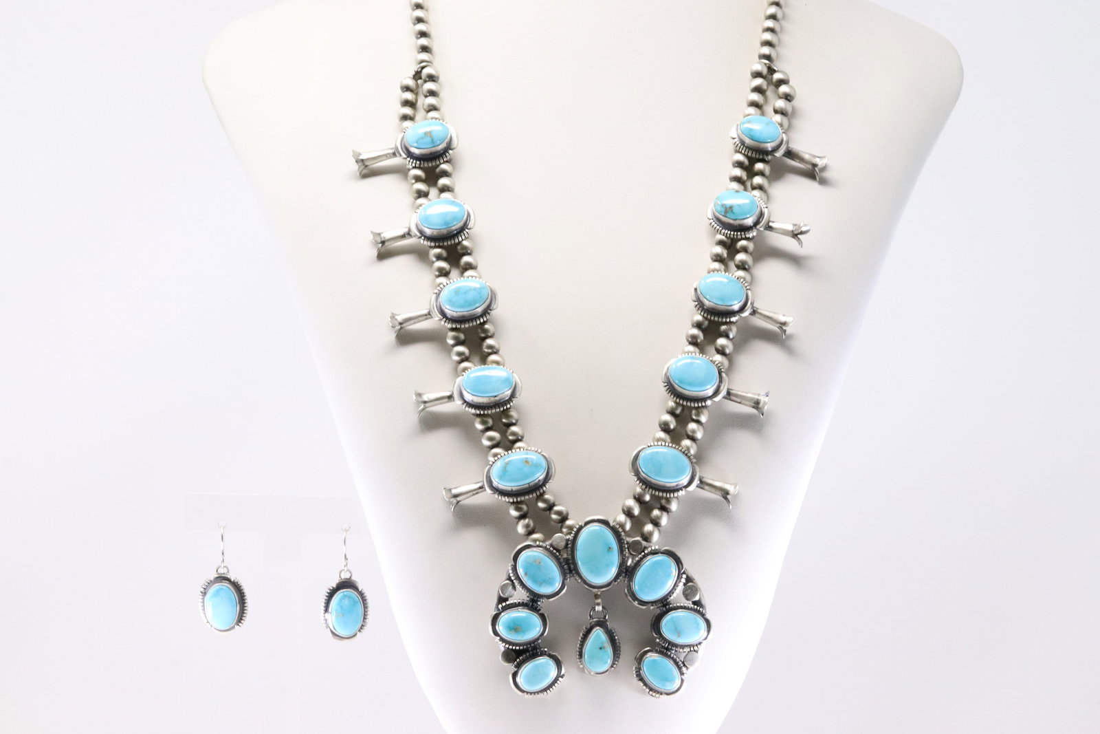 Native America Navajo Sterling Silver Turquoise Squash Blossom Necklace & Earring's Set By Thomas (1 of 8)