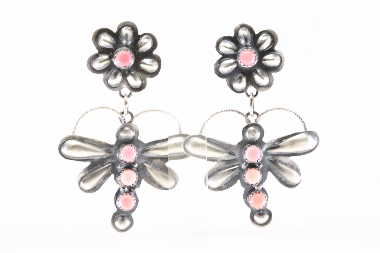 Native America Navajo Sterling Silver Pink Conch Dragonfly Post Dangling Earring's By G.T.Y. (1 of 4)