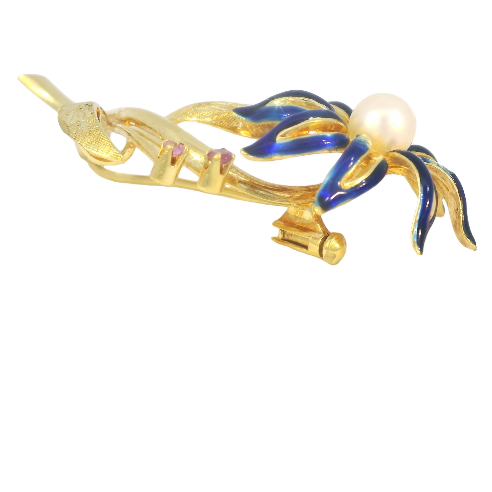 18KT Elegant Floral Brooch: This exquisite brooch showcases a delicate floral design with vibrant blue petals accented by gold details and two ruby stones. The centerpiece is a lustrous pearl, adding an element of sophistication