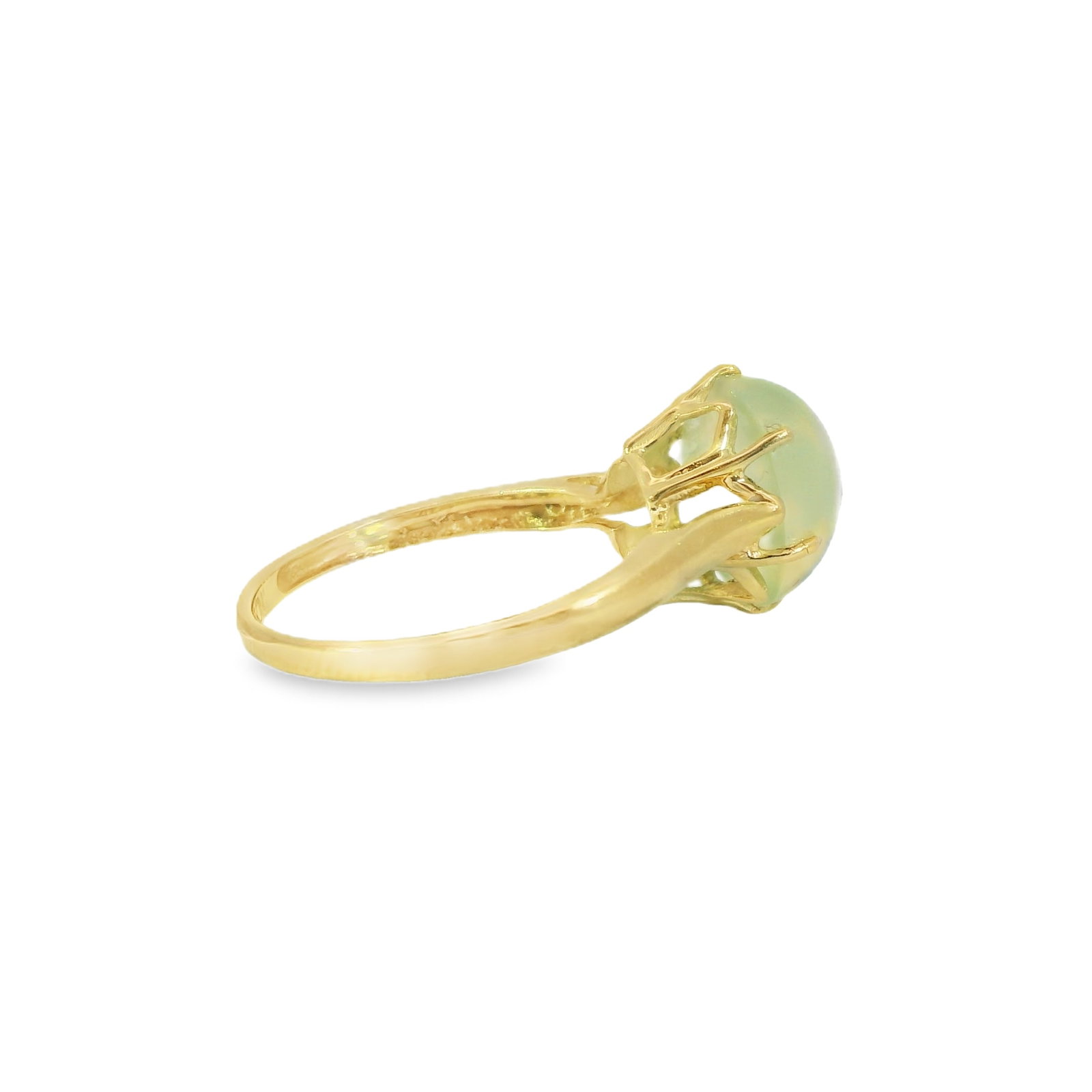 Green Gemstone Ring 10Kt.: 10Kt Yellow Gold Green Gemstone Ring. This elegant ring features a stunning green gemstone set in a delicate gold band. The smooth, polished surface of the stone catches the light beautifully, making 