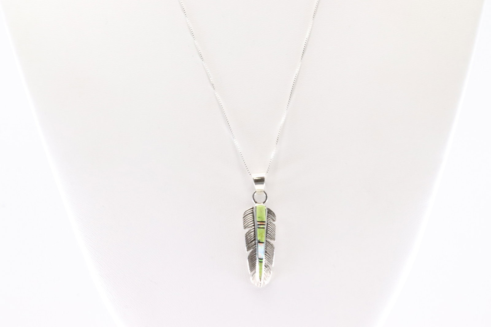 America Sterling Silver Multi-Color Stone Inlay Feather Pendant with A 925 Necklace.: This is a America Sterling Silver Multi-Color Stone Inlay Feather Pendant with A 925 Necklace. Necklace length: 18.00"