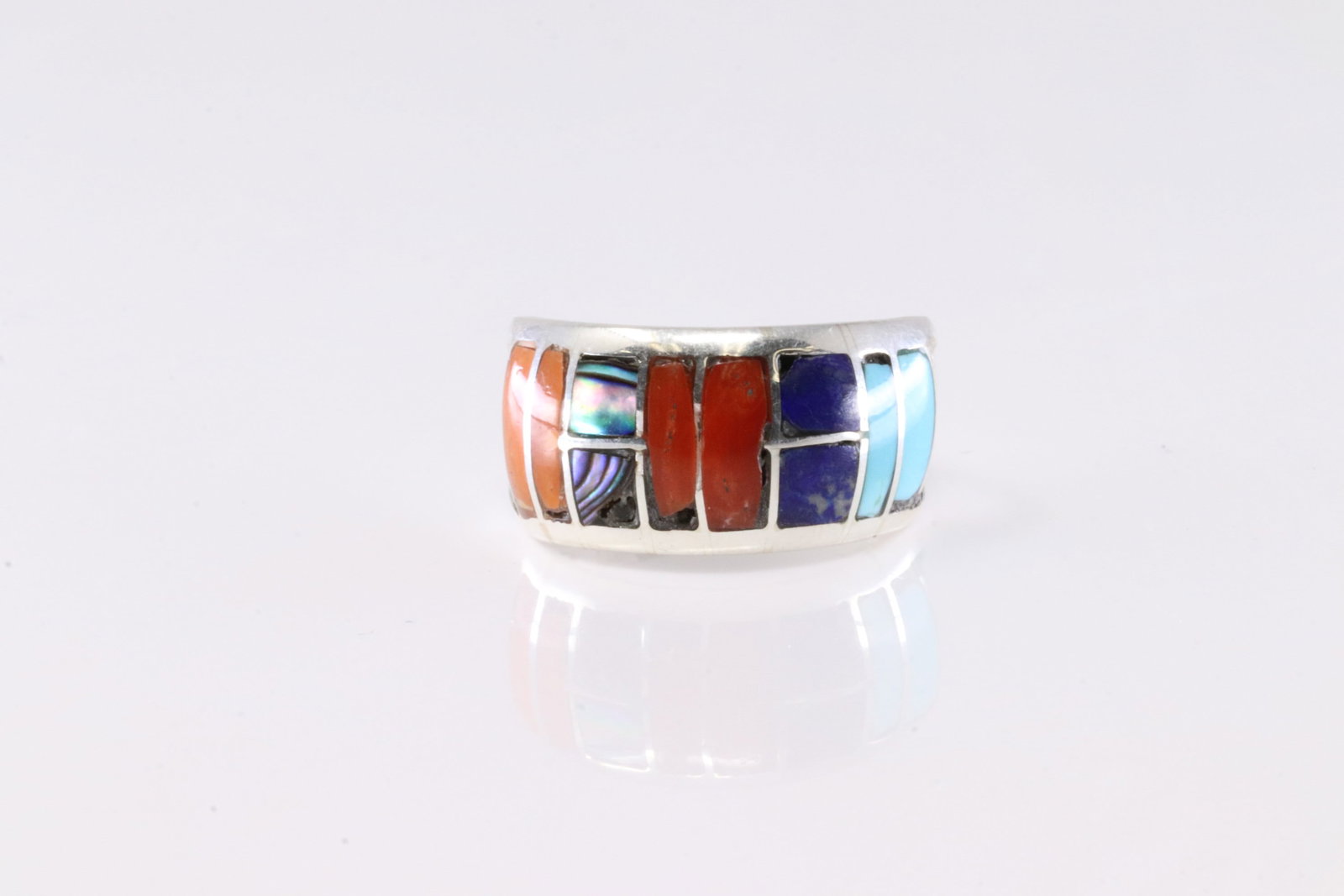 Native America Navajo Sterling Silver Multicolor Inlay Stone Ring By C.: This is a Native America Navajo Sterling Silver Multicolor Inlay Stone Ring By C. Stamp C. Ring Size: 6.00.