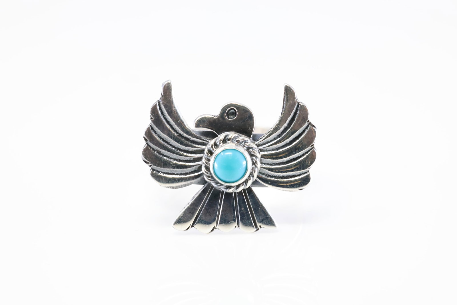 Native America Navajo Sterling Silver Turquoise Thunderbird Ring By Delayne Reeyes.: This is a Native America Navajo Sterling Silver Turquoise Thunderbird Ring By Delayne Reeyes. Stamp Delayne Reeyes. Ring Size: 9.50.