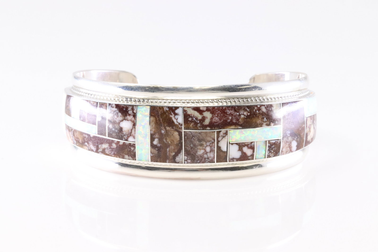 Native America Navajo Sterling Silver Wild Horse & Opal Inlay Bracelet Cuff By R.G.B.: This is a Native America Navajo Sterling Silver Wild Horse & Opal Inlay Bracelet Cuff By R.G.B.