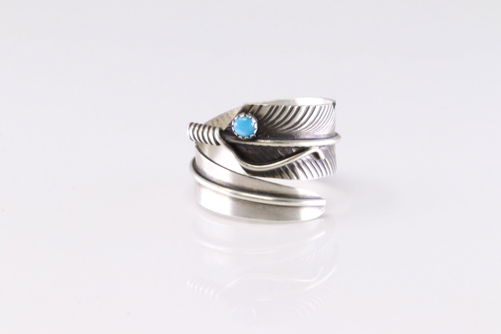 Native America Navajo Sterling Silver Turquoise Feather Ring By C.C.: This is a Native America Navajo Sterling Silver Turquoise Feather Ring By C.C. Ring size: 8.00.