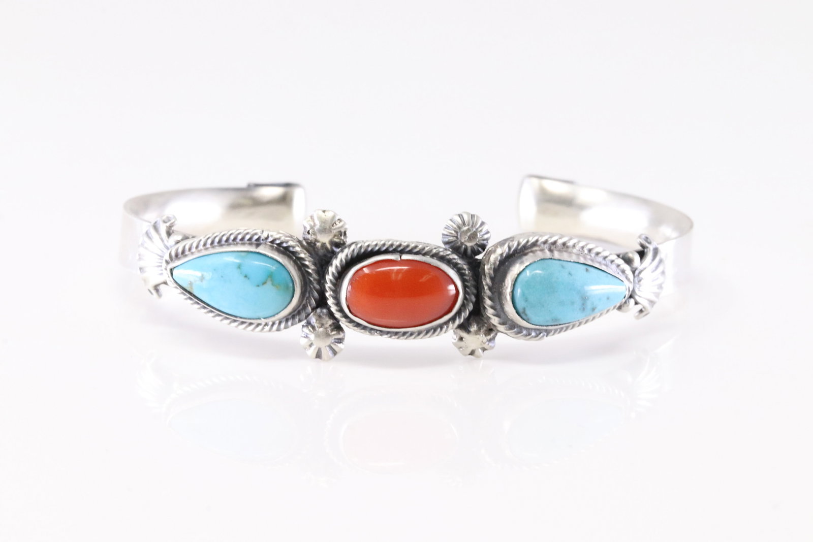 Native America Navajo Sterling Silver Coral & Turquoise Bracelet Cuff By Harry B.Yazzie.: This is a Native America Navajo Sterling Silver Coral & Turquoise Bracelet Cuff By Harry B.Yazzie.