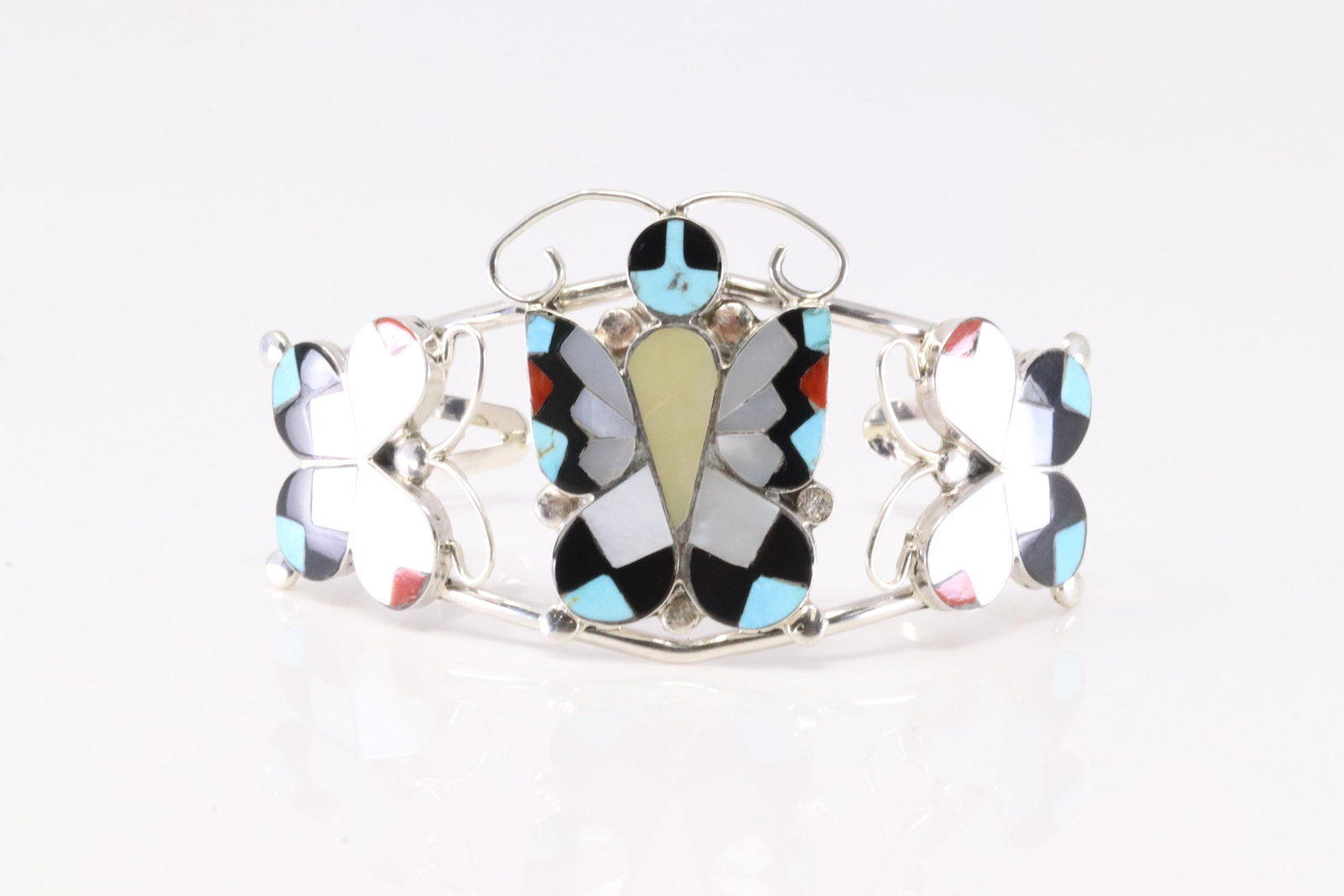 Native America Zuni Sterling Silver Multi-Color Stone Butterfly Bracelet Cuff By A.Dishta.: This is a Native America Zuni Sterling Silver Multi-Color Stone Butterfly Bracelet Cuff By A.Dishta.