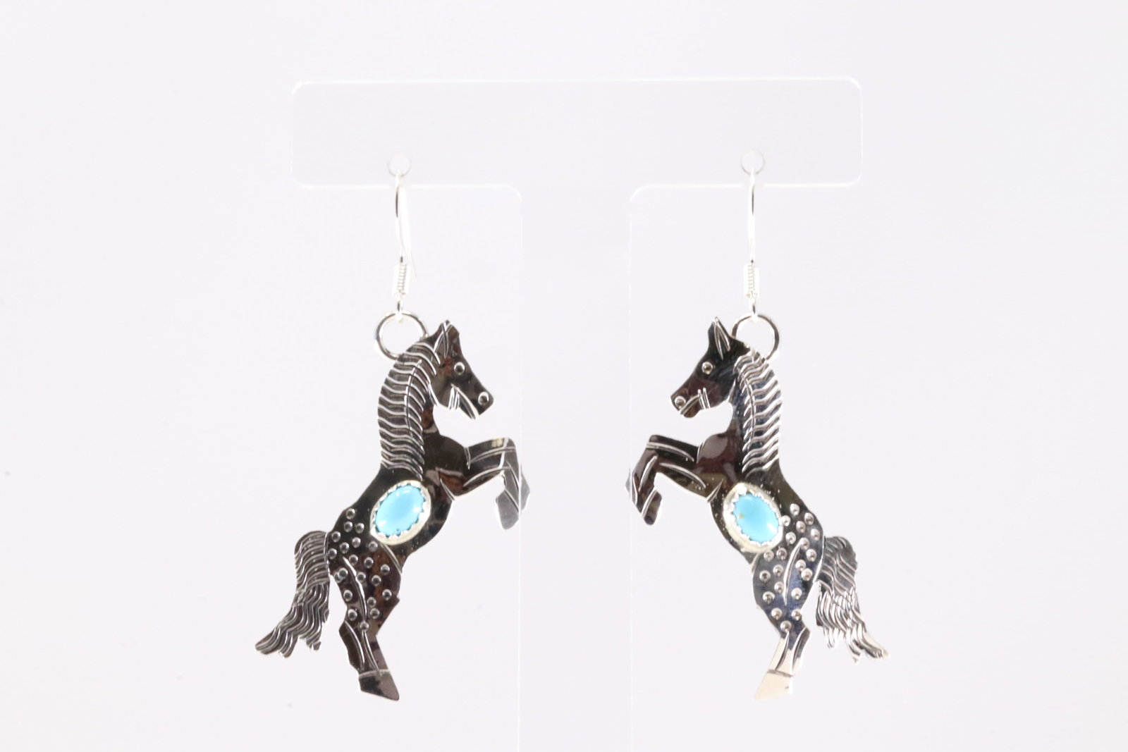 Native America Navajo Sterling Silver Turquoise Horse Dangling Earring's By Louise Yazzie. From C: This is a Native America Navajo Sterling Silver Turquoise Horse Dangling Earring's By Louise Yazzie. From C Company. Stamp C, LY.