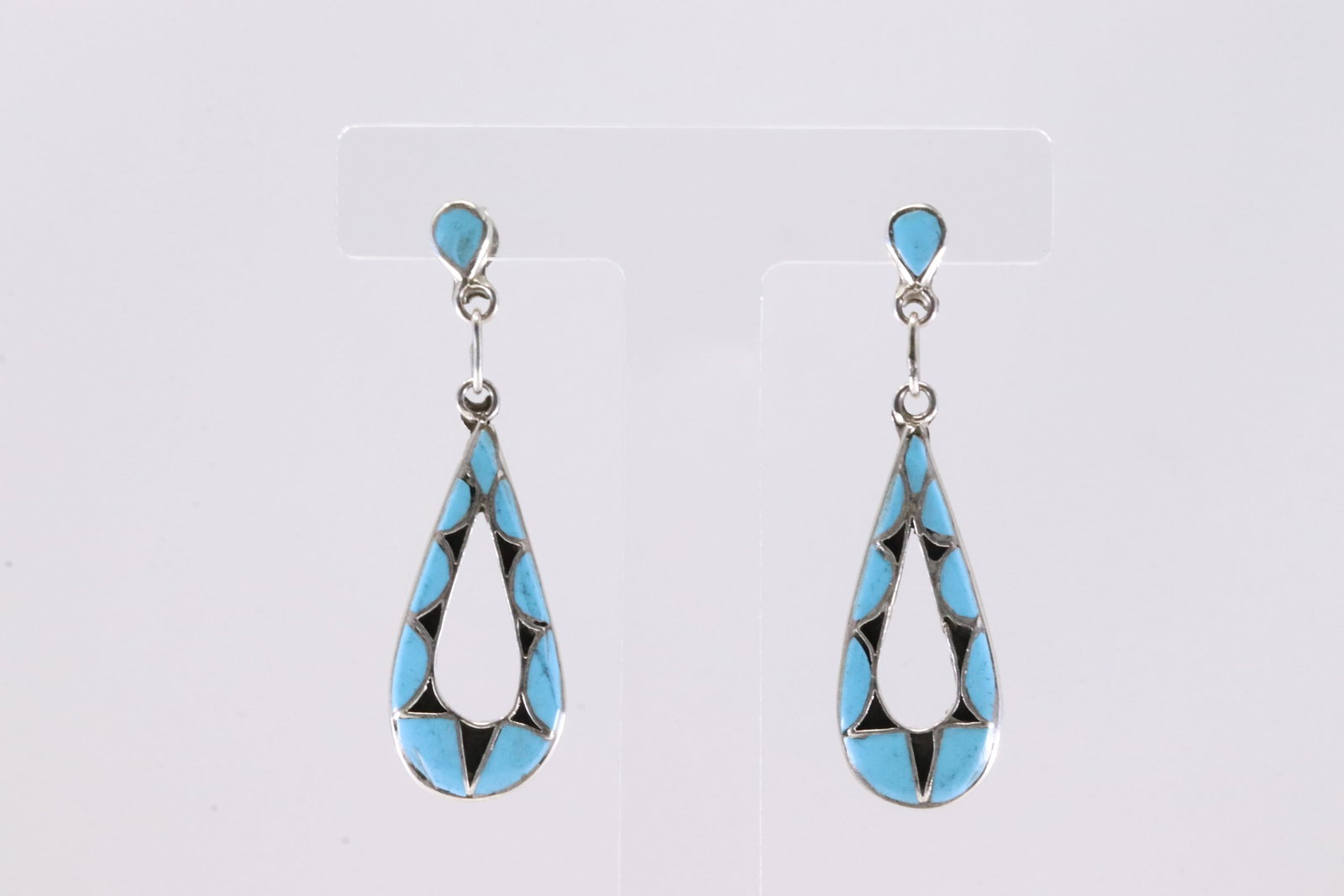 Native America Zuni Sterling Silver Turquoise Inlay Post / Dangling Earring's By E.B.: This is a Native America Zuni Sterling Silver Turquoise Inlay Post / Dangling Earring's By E.B.