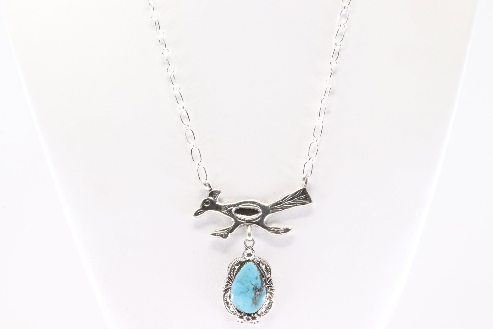 Native America Navajo Sterling Silver Turquoise Roadrunner Necklace By Michael Yazzie. From R.B: This is a Native America Navajo Sterling Silver Turquoise Roadrunner Necklace By Michael Yazzie. From R.B Company. Stamp R.B. Necklace Length: 18.00.