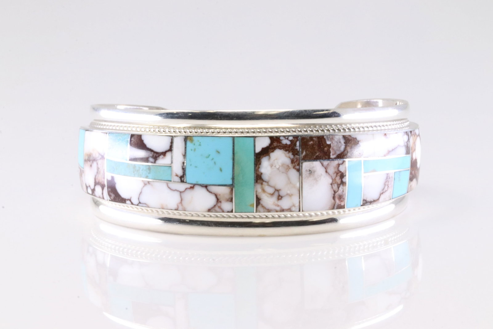 Native America Zuni Sterling Silver Wild Horse & Turquoise Inlay Bracelet Cuff By RGB.: This is a Native America Zuni Sterling Silver Wild Horse & Turquoise Inlay Bracelet Cuff By RGB.