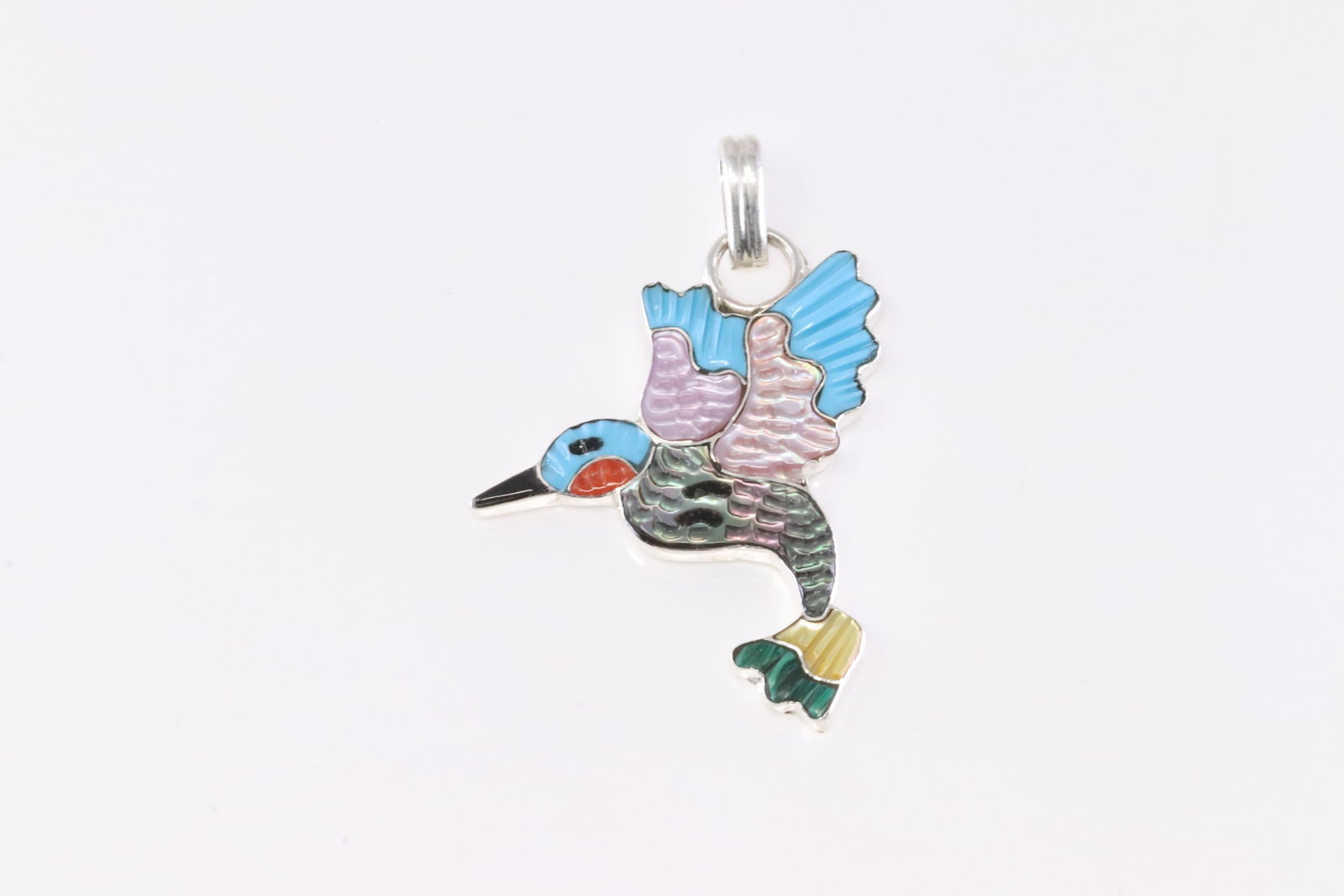 Native America Zuni Sterling Silver Multi-Color Stone Hummingbird Pendant By Tamara Pinto.: This is a Native America Zuni Sterling Silver Multi-Color Stone Hummingbird Pendant By Tamara Pinto.