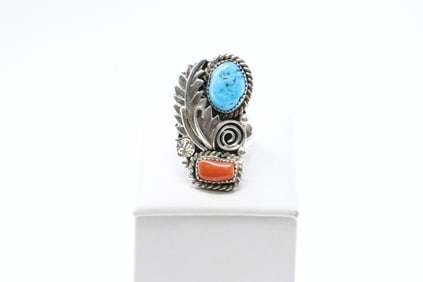 America Sterling Silver Coral & Turquoise Feather Ring.