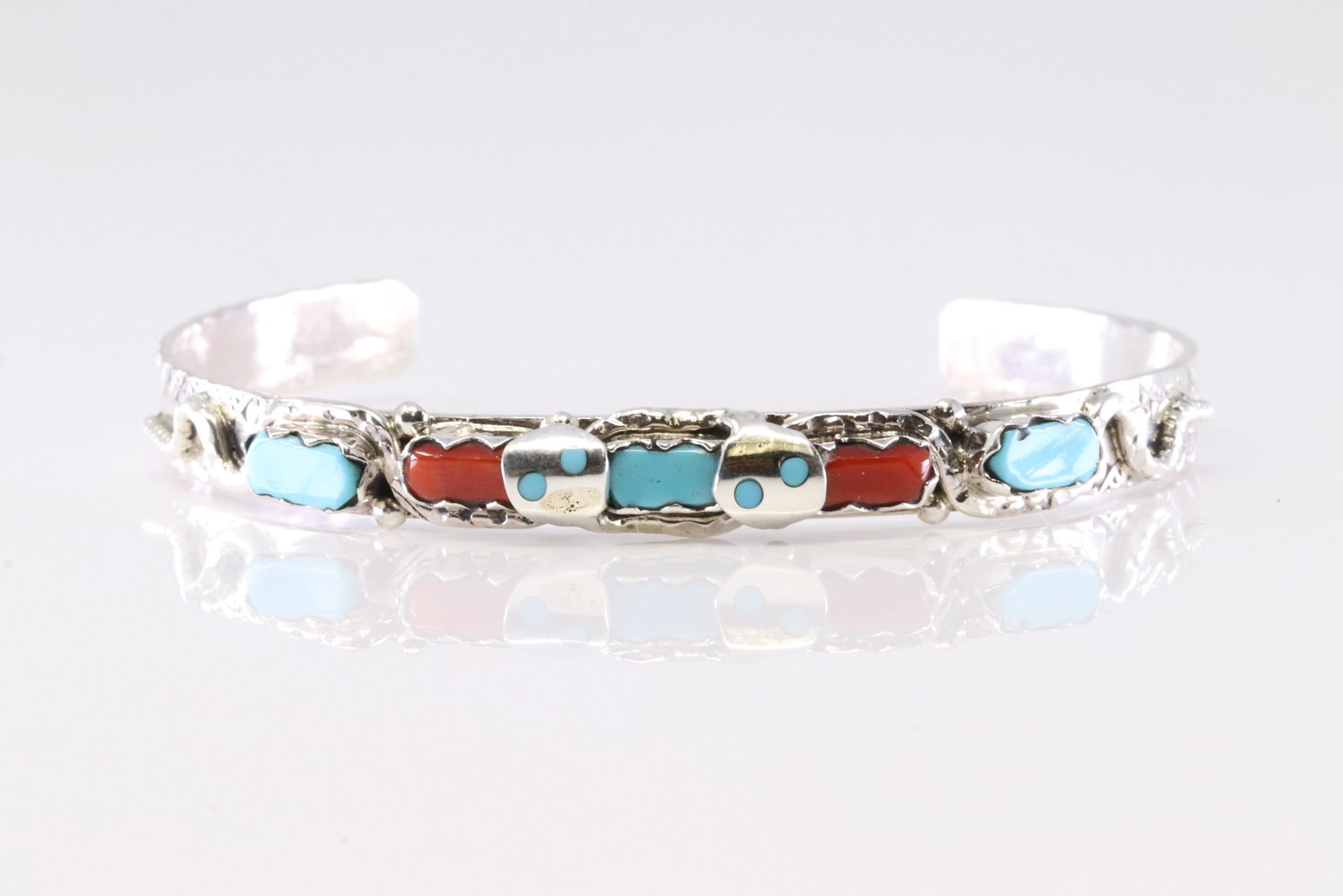 Native America Zuni Sterling Silver Coral & Turquoise Bracelet Cuff By Effie C.: This is a Native America Zuni Sterling Silver Coral & Turquoise Bracelet Cuff By Effie C.