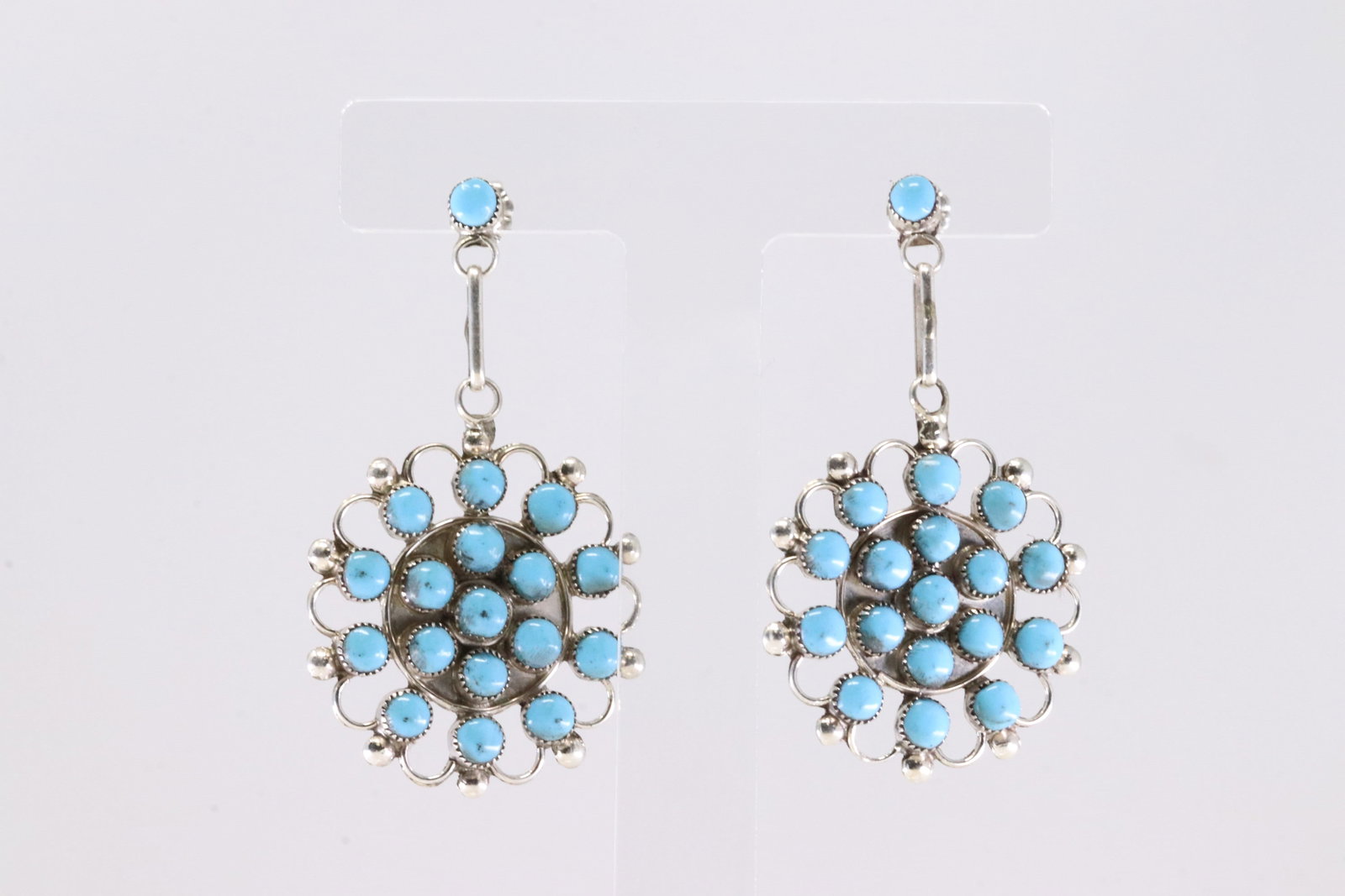 Native America Zuni Sterling Silver Turquoise Post / Dangling Earring's By M.K.: This is a Native America Zuni Sterling Silver Turquoise Post / Dangling Earring's By M.K.