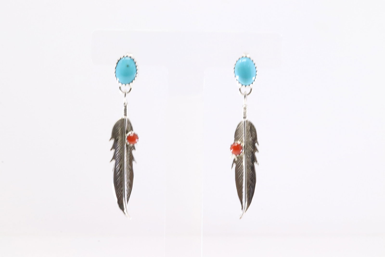 America Sterling Silver Coral & Turquoise Feather Post / Dangling Earring's.: This is a America Sterling Silver Coral & Turquoise Feather / Post Dangling Earring's.