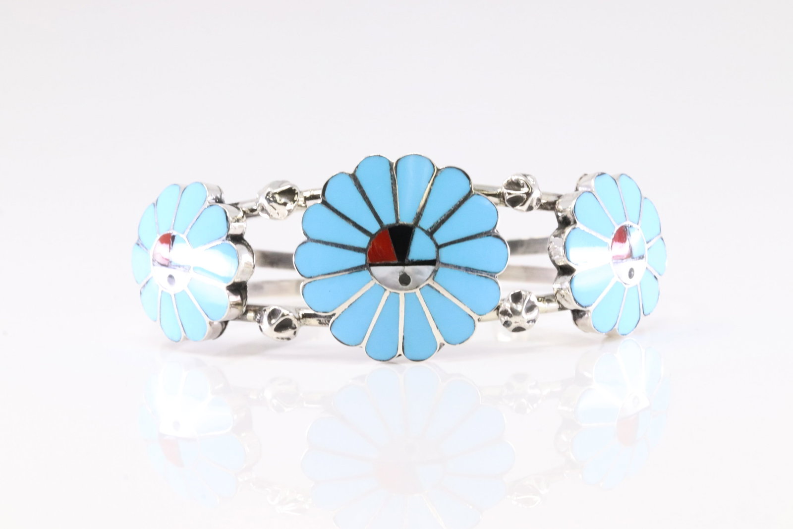 Native America Zuni Sterling Silver Multi-Color Sunface Bracelet Cuff By Burdian Soseeah.: This is a Native America Zuni Sterling Silver Multi-Color Sunface Bracelet Cuff By Burdian Soseeah.
