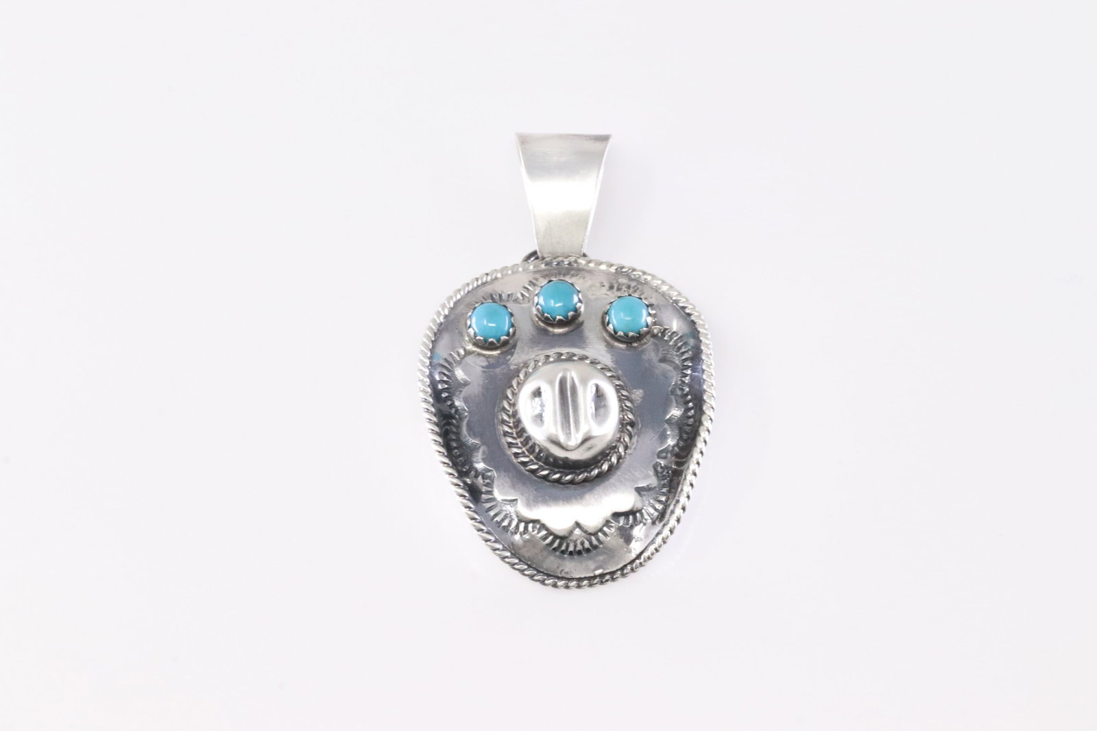 Native America Navajo Sterling Silver Turquoise Cowboy Pendant By Bobby Platero. From R.B Company.: This is a Native America Navajo Sterling Silver Turquoise Cowboy Pendant By Bobby Platero. Stamp By R.B Company.