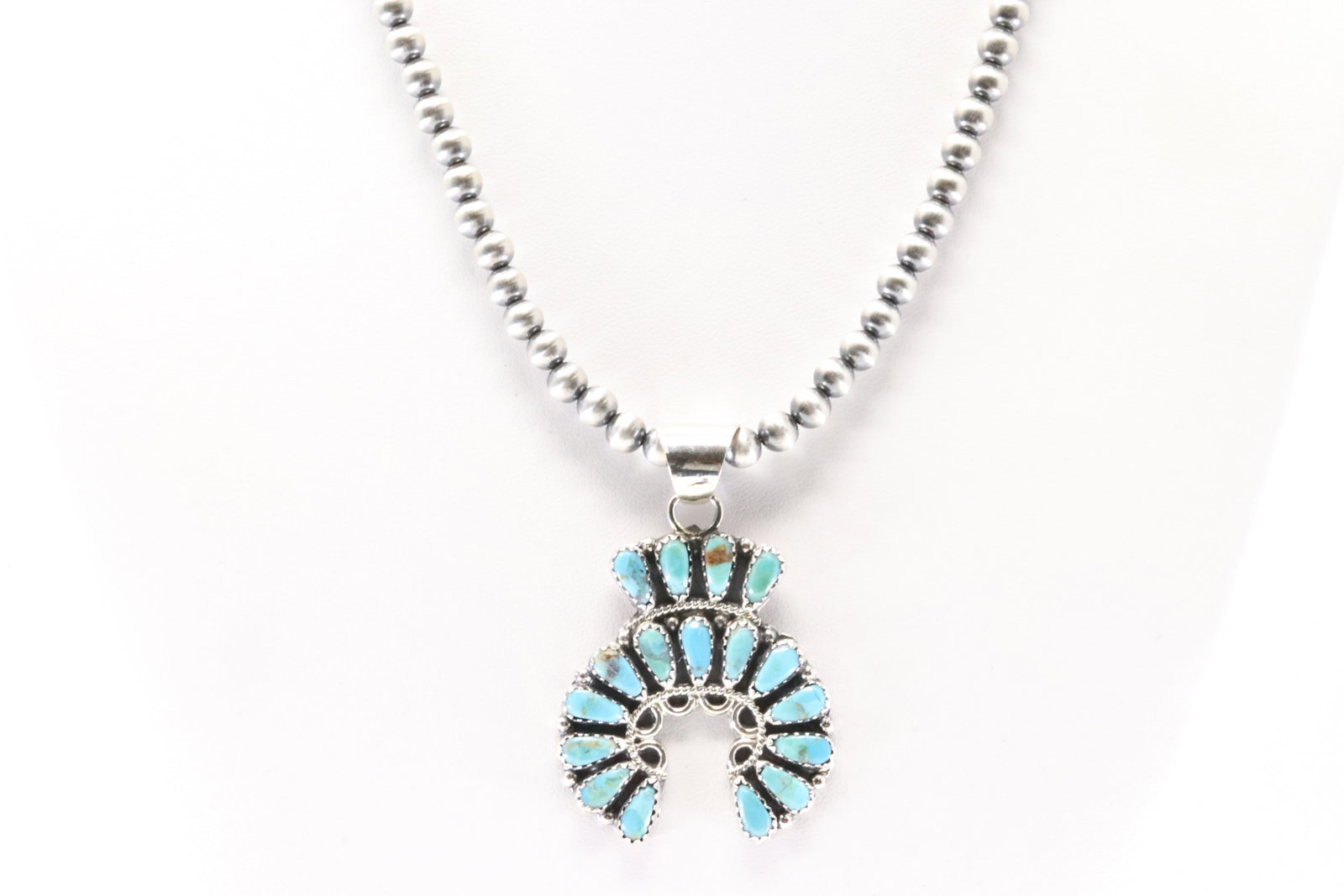 Native America Navajo Sterling Silver Turquoise Pendant By Zeita Begay. With Pearl Beaded Sterling: This is a Native America Navajo Sterling Silver Turquoise Pendant By Zeita Begay. With Pearl Beaded Sterling Silver Machine Made Necklace. Stamp ZB. Necklace length: 16.00"