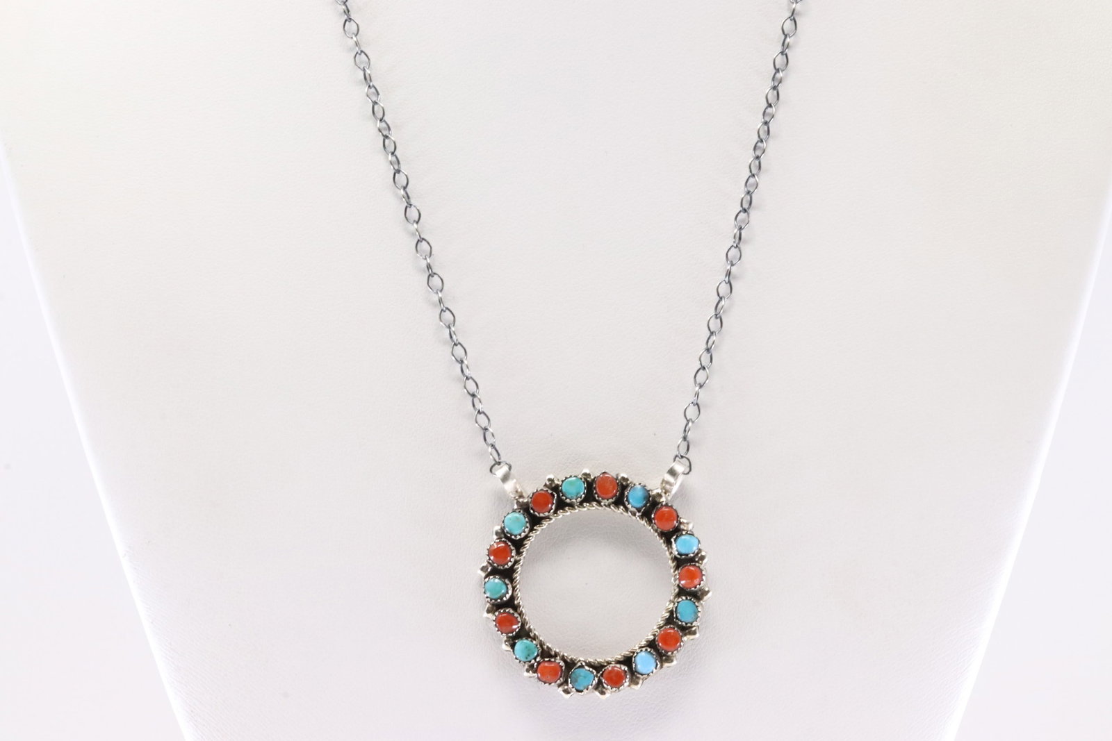 Native America Zuni Sterling Silver Coral & Turquoise Necklace By P.L.: This is a Native America Zuni Sterling Silver Coral & Turquoise Necklace By P.L. Necklace length: 18.00"