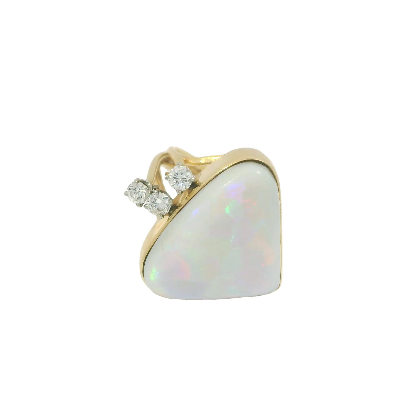 14KT Opal with Diamond Ring: This exquisite ring features a stunning opal centerpiece, elegantly framed in gold. Three sparkling diamonds accentuate the opal's iridescent beauty, making it a perfect statement piece for any
