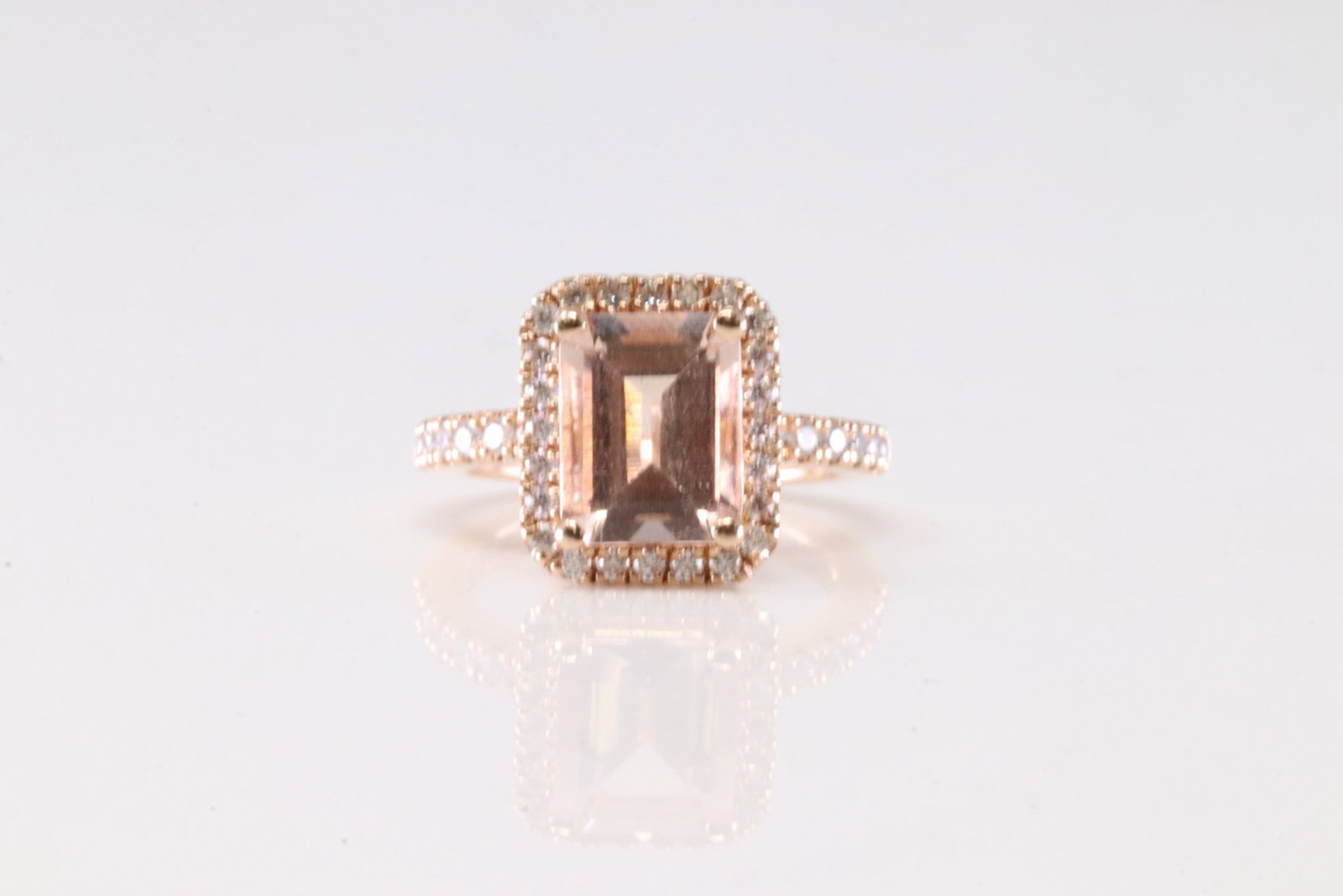 Morganite & Diamond Ring 14Kt.: Ladies 14Kt Rose Gold Morganite & Diamond Ring. This Elegant Ring has Squared Shape Morganite Gemstone With 60 Round Sparkling Diamonds. Diamond Approx Weight: 0.85 ctw Ring Size: 3.50. Total Weight: