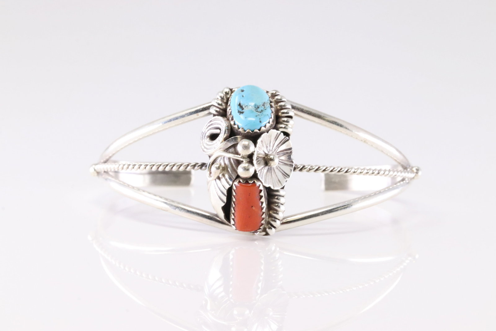 Native America Navajo Sterling Silver Coral & Kingman Turquoise Bracelet Cuff By Max Calladito. (1 of 4)