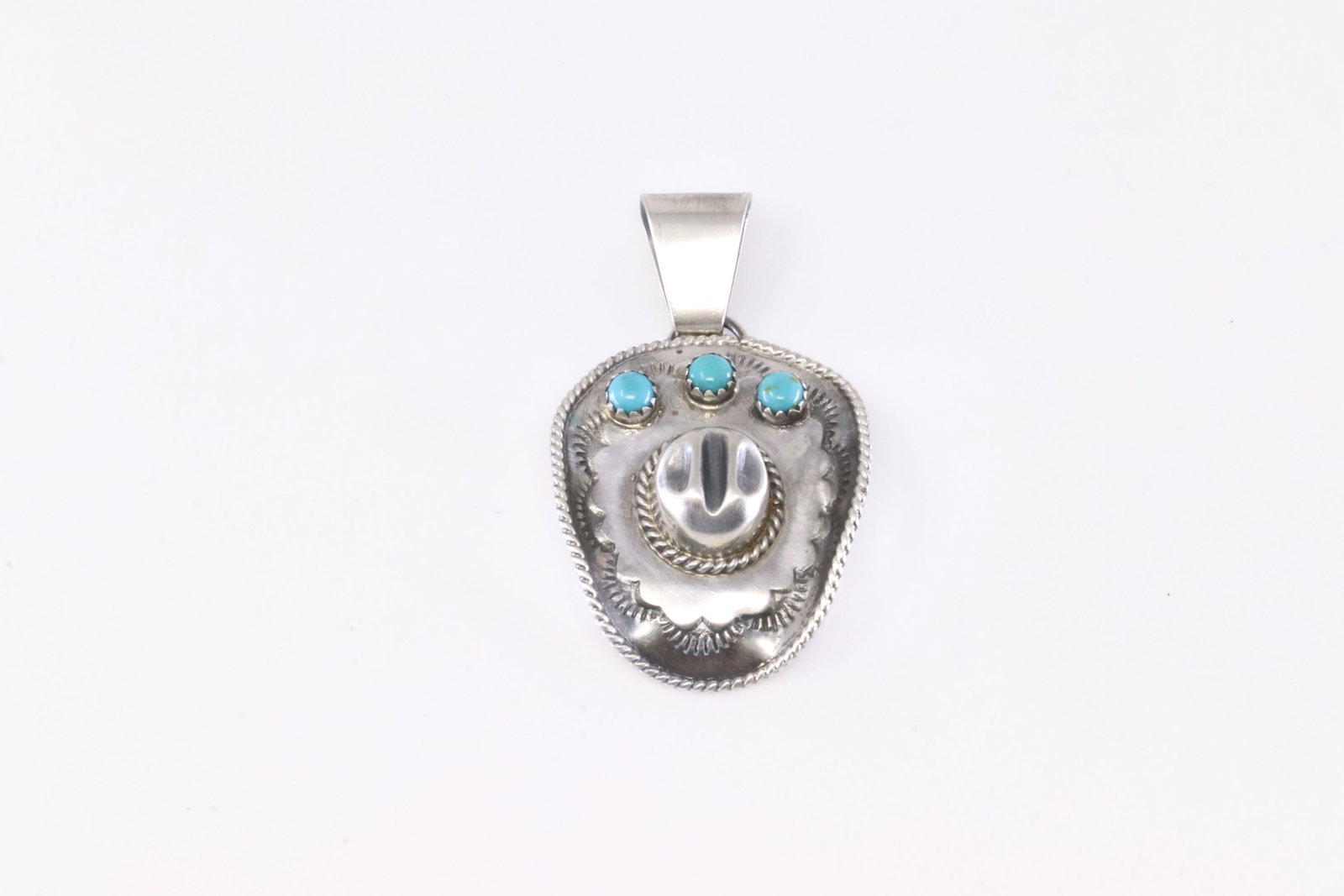 Native America Navajo Sterling Silver Turquoise Cowboy Hat Pendant By Bobby Platero.: This is a Native America Navajo Sterling Silver Turquoise Cowboy Hat Pendant By Bobby Platero. Stamp From R.B Company.