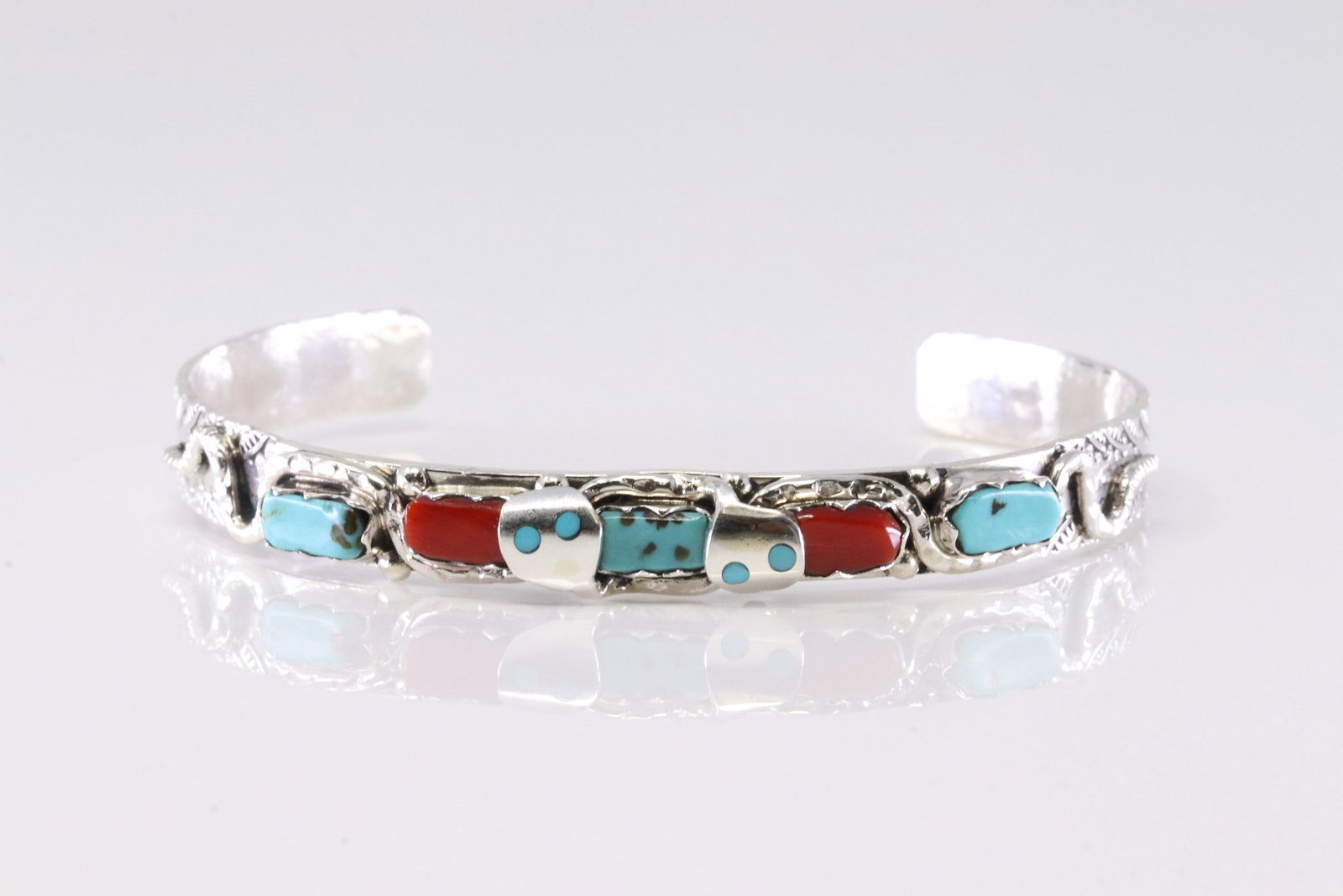 Native America Zuni Sterling Silver Coral & Turquoise Bracelet Cuff By Effie C.: This is a Native America Zuni Sterling Silver Coral & Turquoise Bracelet Cuff By Effie C.