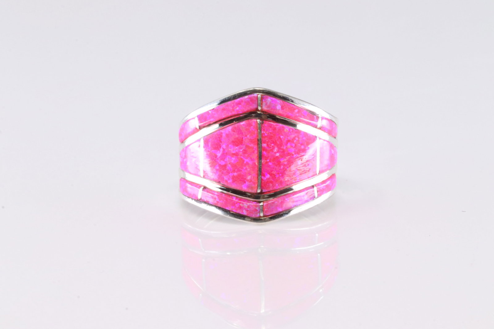 Native America Navajo Sterling Silver Synthetic Pink Opal Ring By AE. (1 of 4)