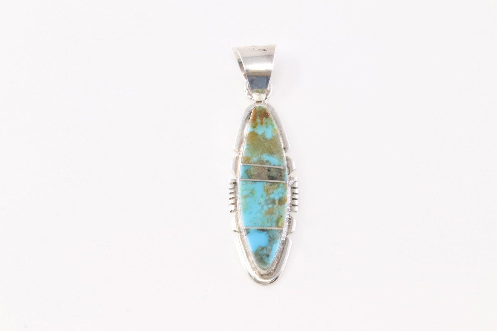 Native America Navajo Sterling Silver Turquoise Inlay Pendant By B.E.: This is a Native America Navajo Sterling Silver Turquoise Inlay Pendant By B.E.