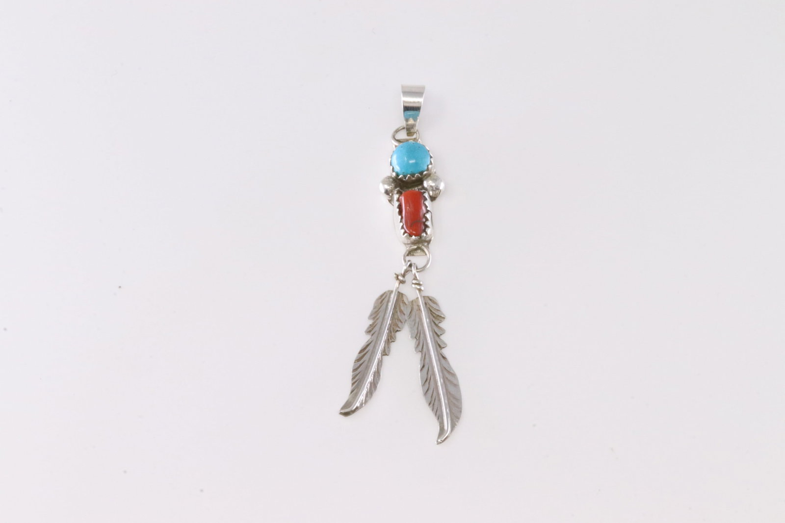 America Sterling Silver Coral & Turquoise Feather Pendant.: This is a America Sterling Silver Coral & Turquoise Feather Pendant.