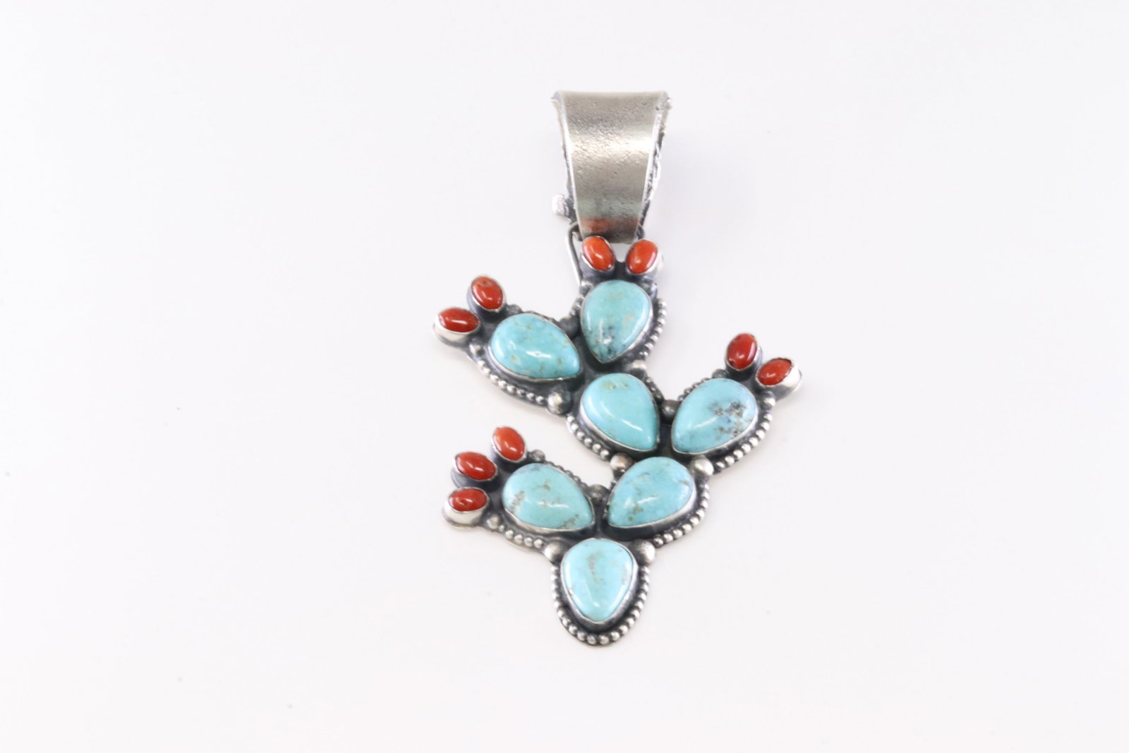 Native America Navajo Sterling Silver Kingman Turquoise & Coral Cactus Pendent By Shawn C.: This is a Native America Navajo Sterling Silver Kingman Turquoise & Coral Cactus Pendent By Shawn C. Stamp Shawn C.
