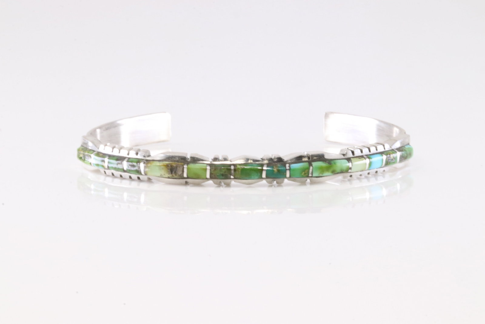 Native America Zuni Sterling Silver Turquoise Inlay Bracelet Cuff By Sheldon Lalio.: This is a Native America Zuni Sterling Silver Turquoise Inlay Bracelet Cuff By Sheldon Lalio.