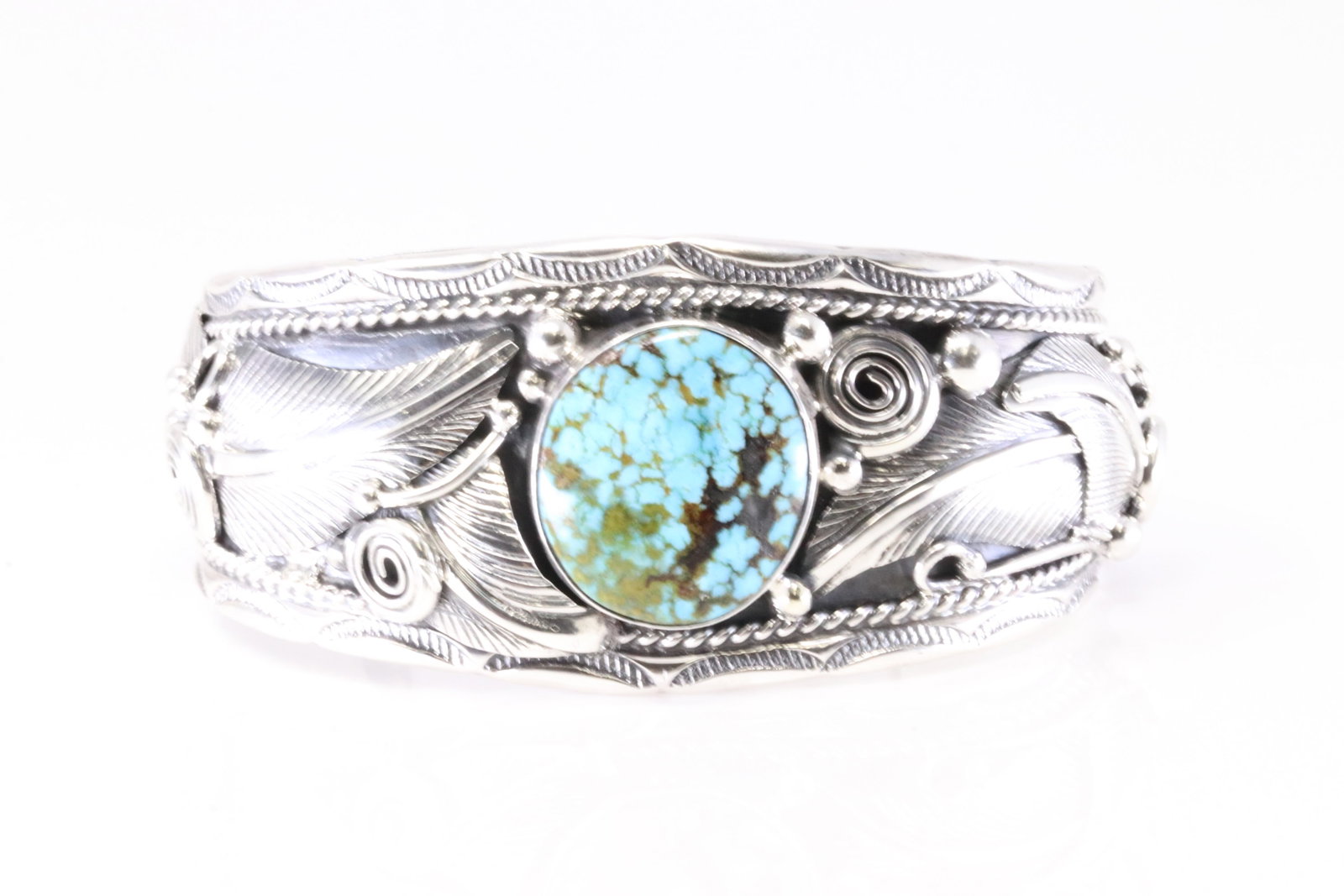 Native America Navajo Sterling Silver Kingman Turquoise Feather Bracelet Cuff By Darrell Morgan. (1 of 4)