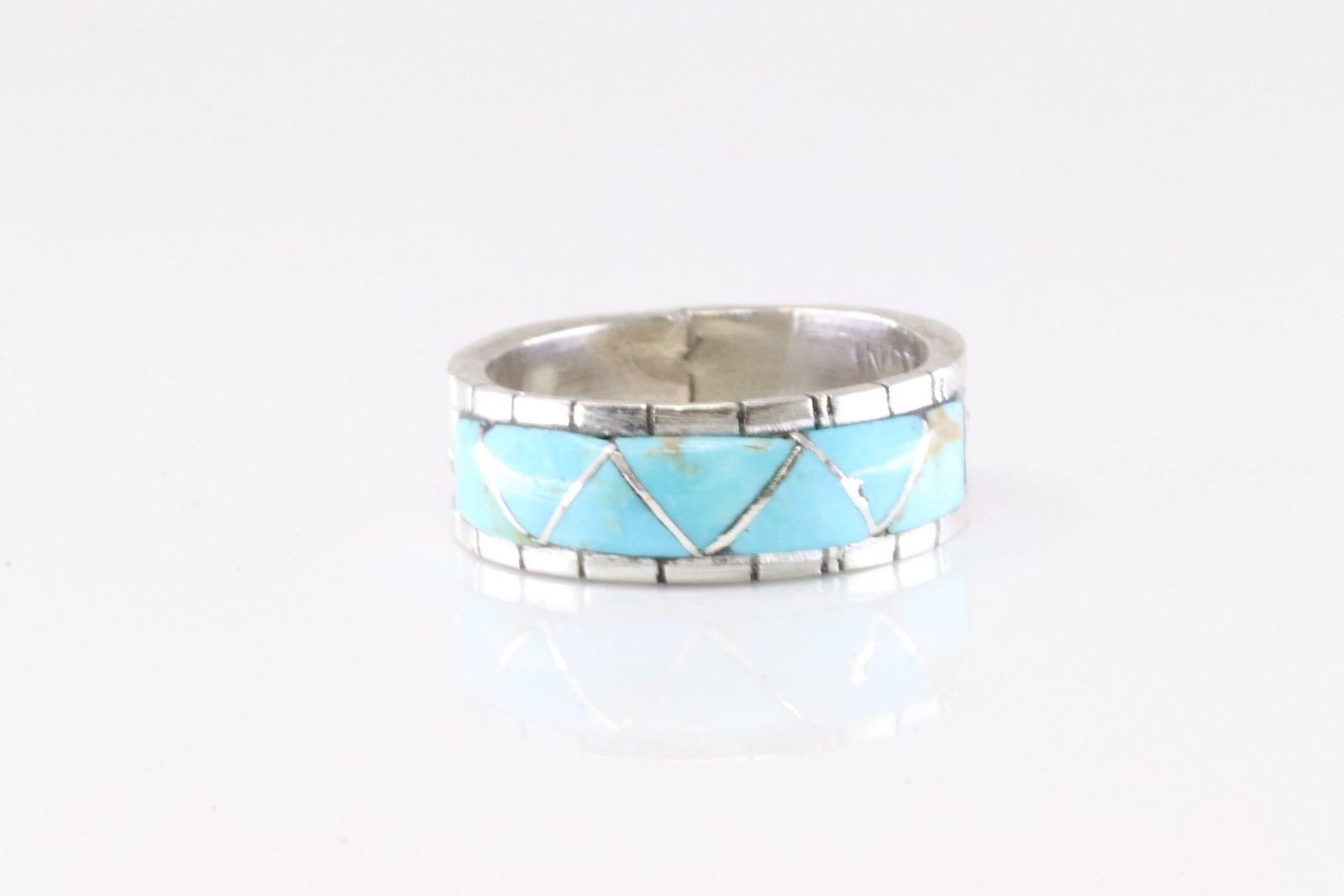 Native America Zuni Sterling Silver Turquoise Inlay Ring By Lucio. (1 of 4)