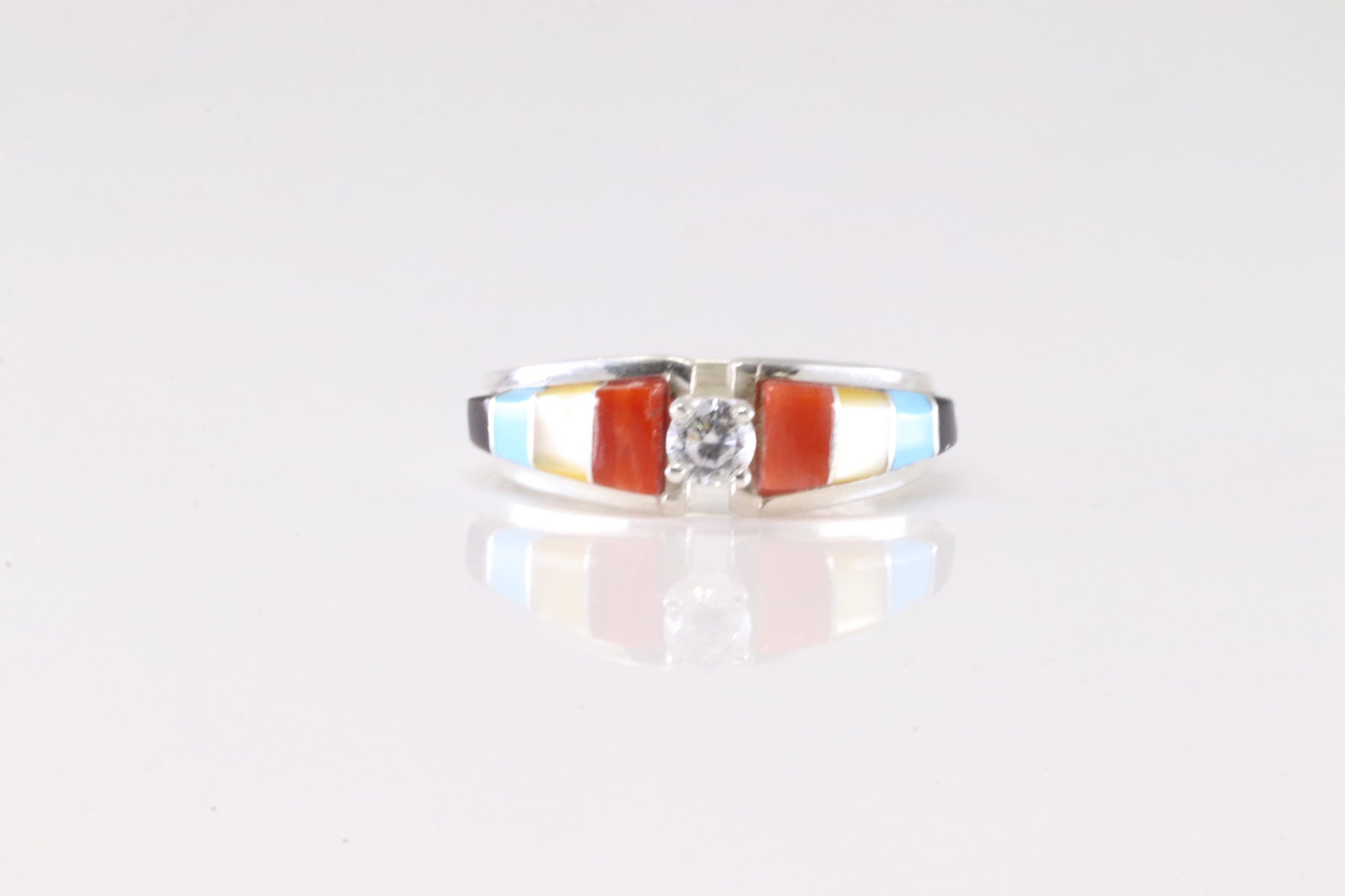 Native America Navajo Sterling Silver Multicolor Inlay Ring Band By MJS.: This is a Native America Navajo Sterling Silver Multicolor Inlay Ring Band By MJS. Stamp MJS. Ring Size: 8.00.