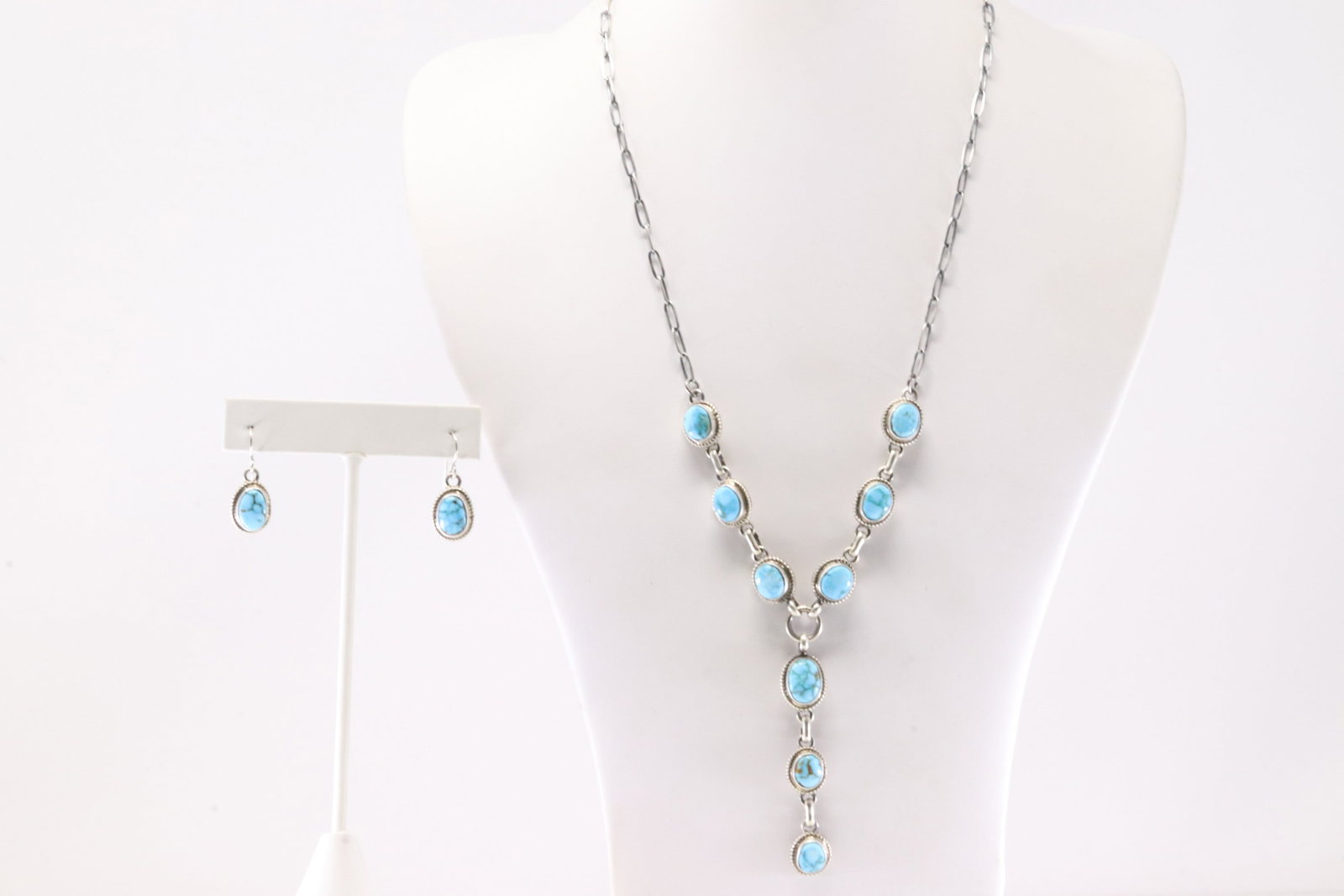 Native America Navajo Sterling Silver Turquoise Earring's & Necklace Set By SH.: This is a Native America Navajo Sterling Silver Turquoise Earring's & Necklace Set By SH. Stamp SH. Necklace Length: 20.00.
