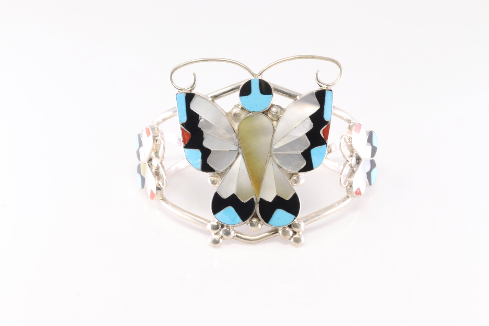 Native America Navajo Sterling Silver Multi-Color Butterfly Bracelet Cuff By Aidishta.: This is a Native America Navajo Sterling Silver Multi-Color Butterfly Bracelet Cuff By Aidishta. Stamp Aidishta.