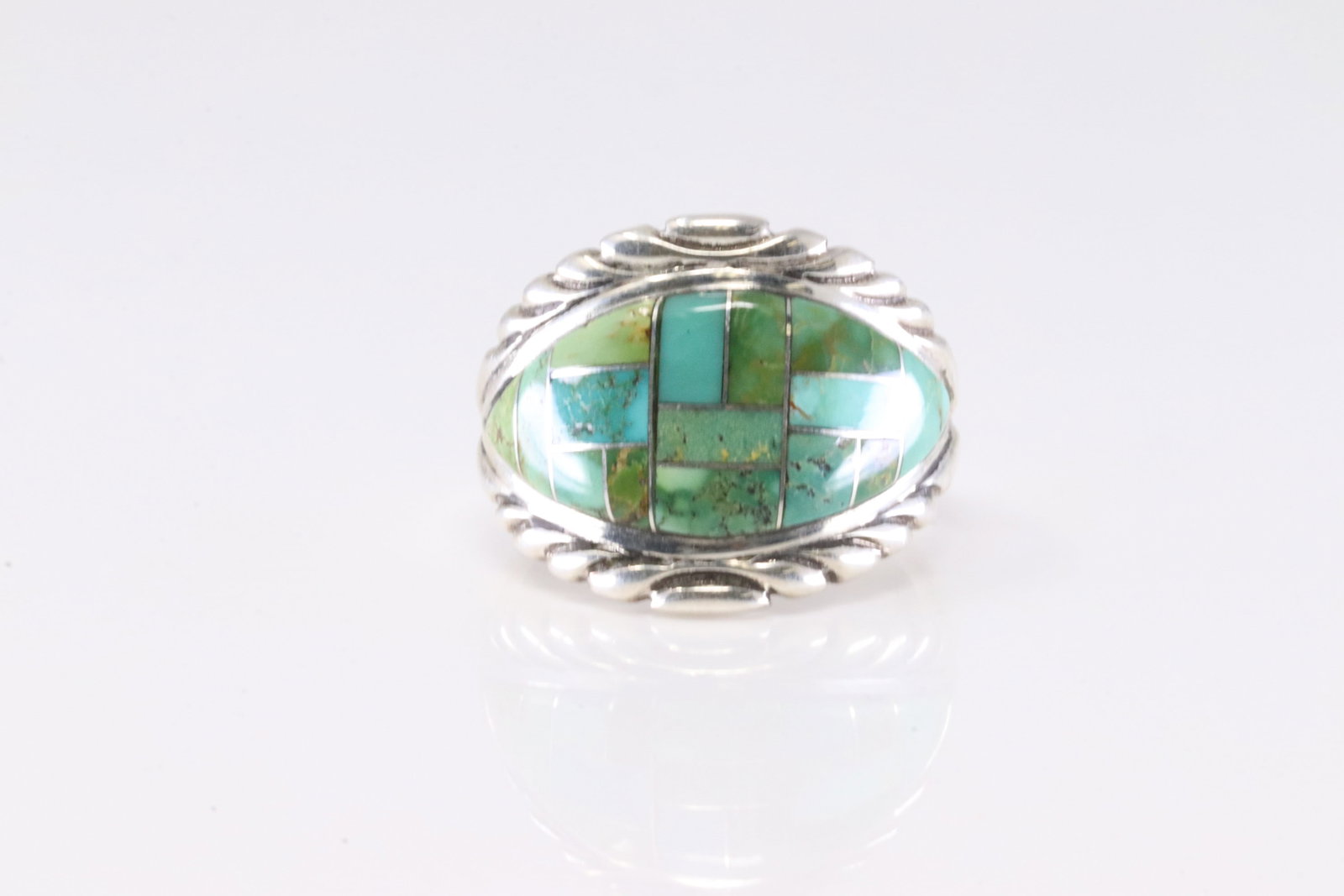 Native America Navajo Sterling Silver Turquoise Inlay Ring By L.M. (1 of 4)