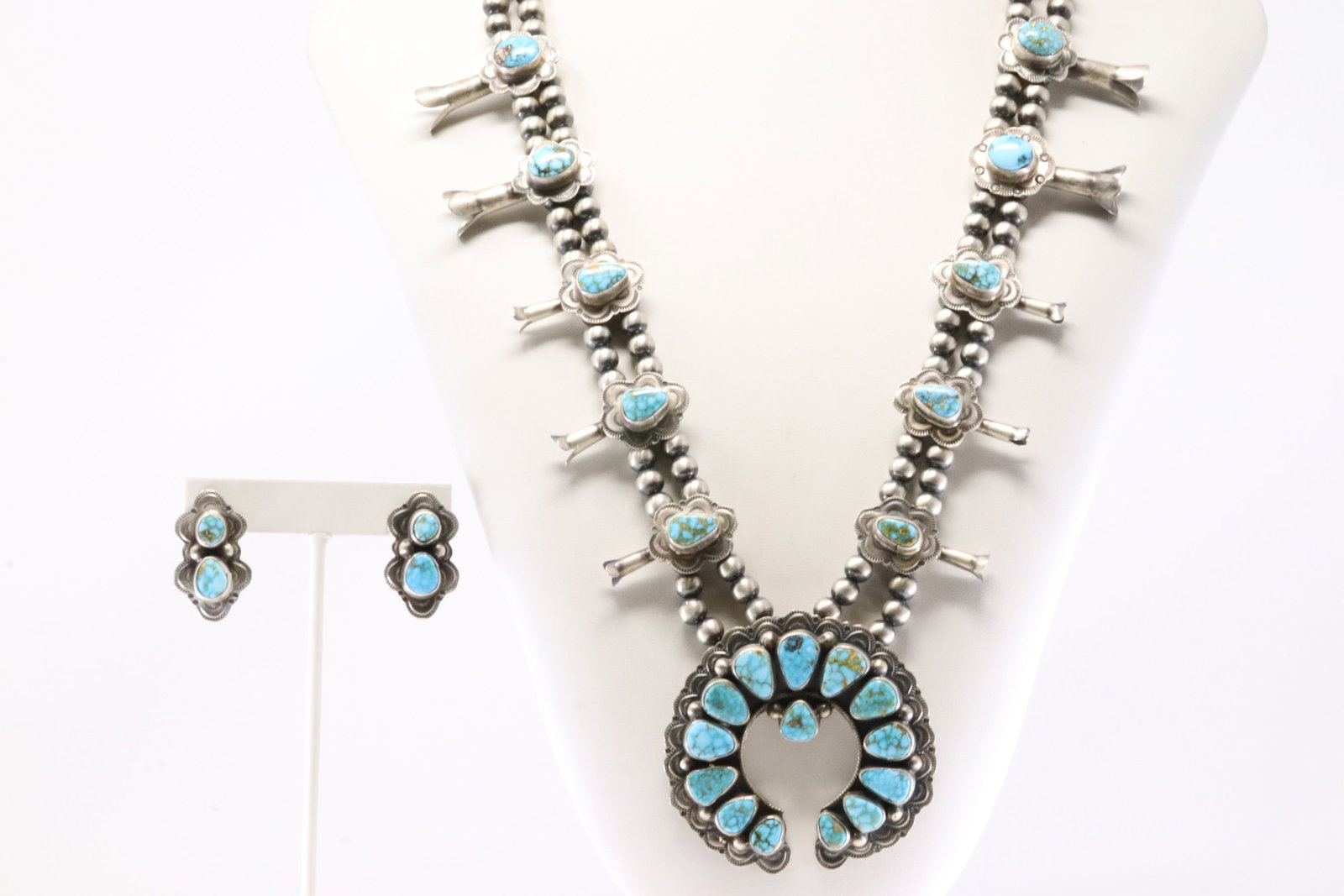 Native America Navajo Sterling Silver Kingman Turquoise Squash Blossom Necklace & Earring's Set By (1 of 7)