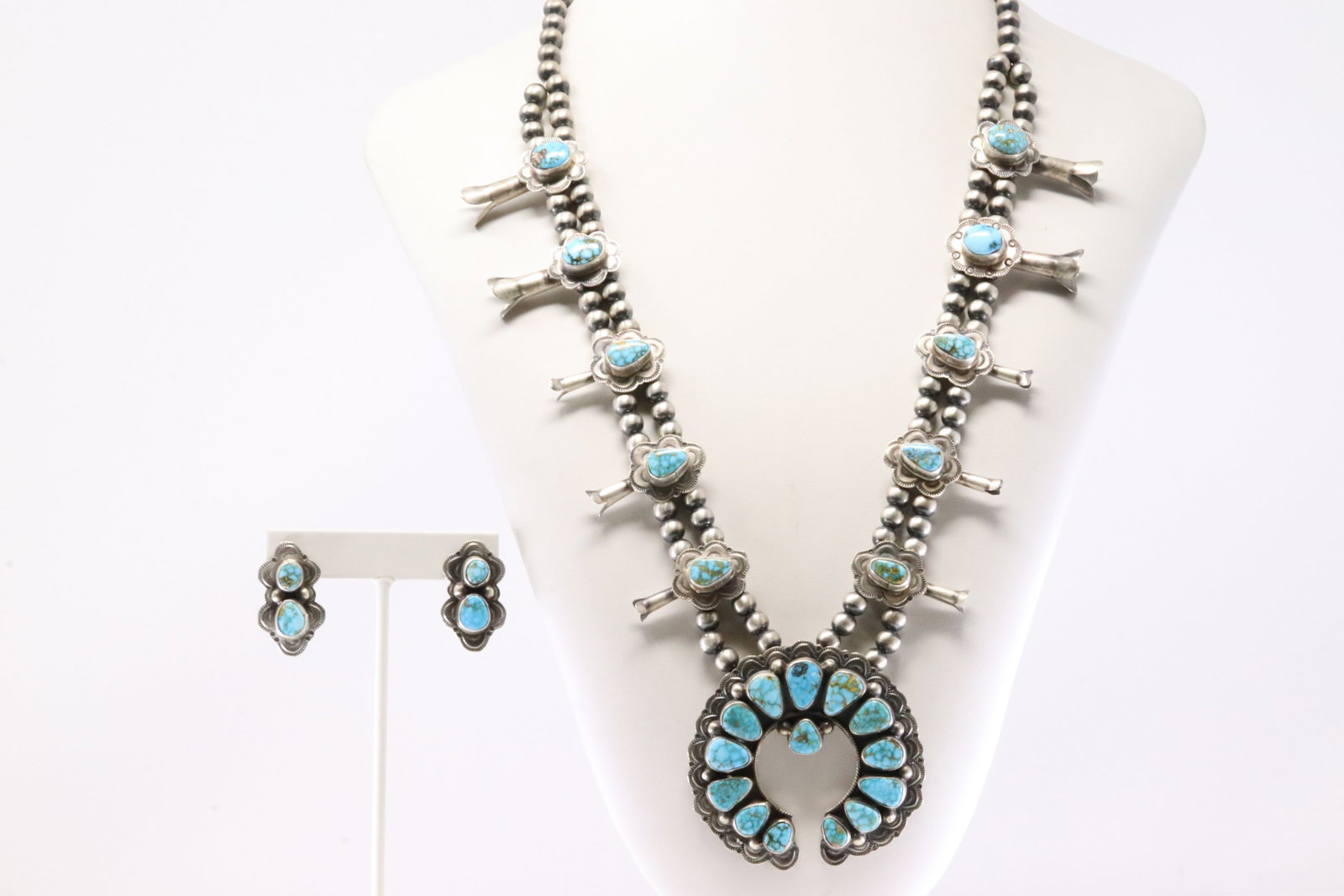 Native America Navajo Sterling Silver Kingman Turquoise Squash Blossom Necklace & Earring's Set By - 2