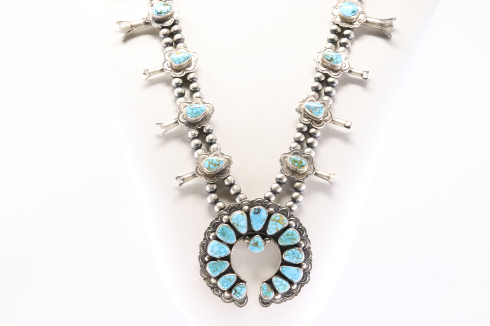 Native America Navajo Sterling Silver Kingman Turquoise Squash Blossom Necklace & Earring's Set By - 4