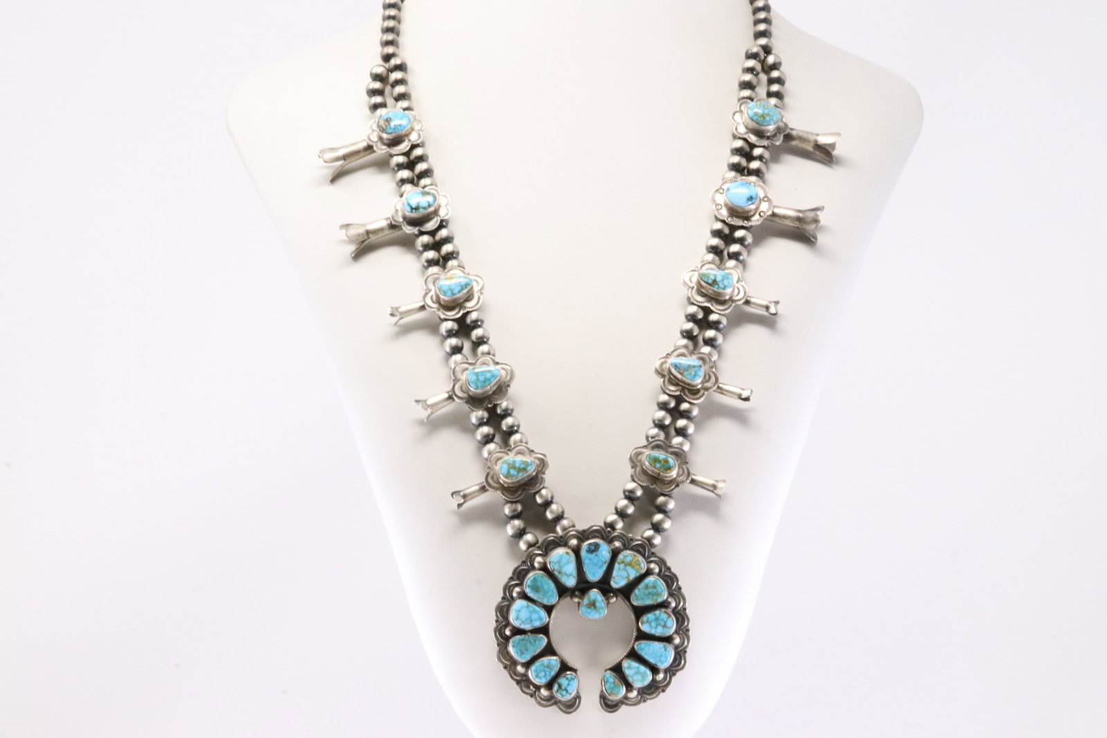 Native America Navajo Sterling Silver Kingman Turquoise Squash Blossom Necklace & Earring's Set By - 5