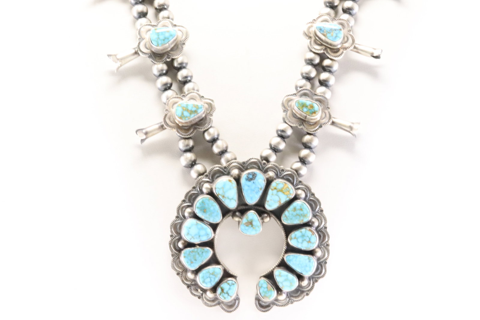 Native America Navajo Sterling Silver Kingman Turquoise Squash Blossom Necklace & Earring's Set By - 6
