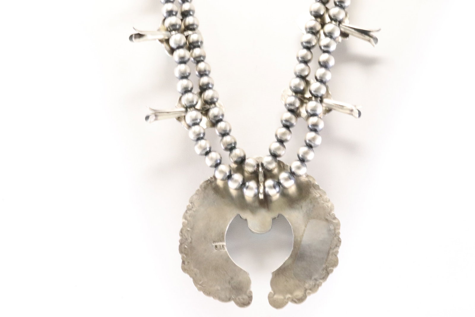 Native America Navajo Sterling Silver Kingman Turquoise Squash Blossom Necklace & Earring's Set By - 7