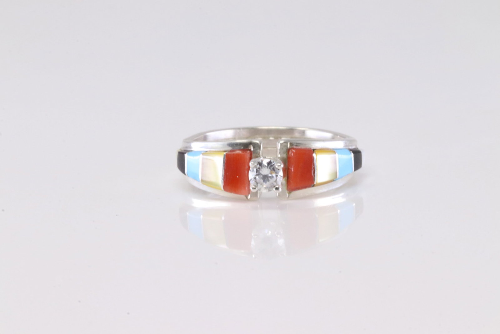 Native America Navajo Sterling Silver Engagement Multi-Color Stone Inlay Ring By M.J. (1 of 4)