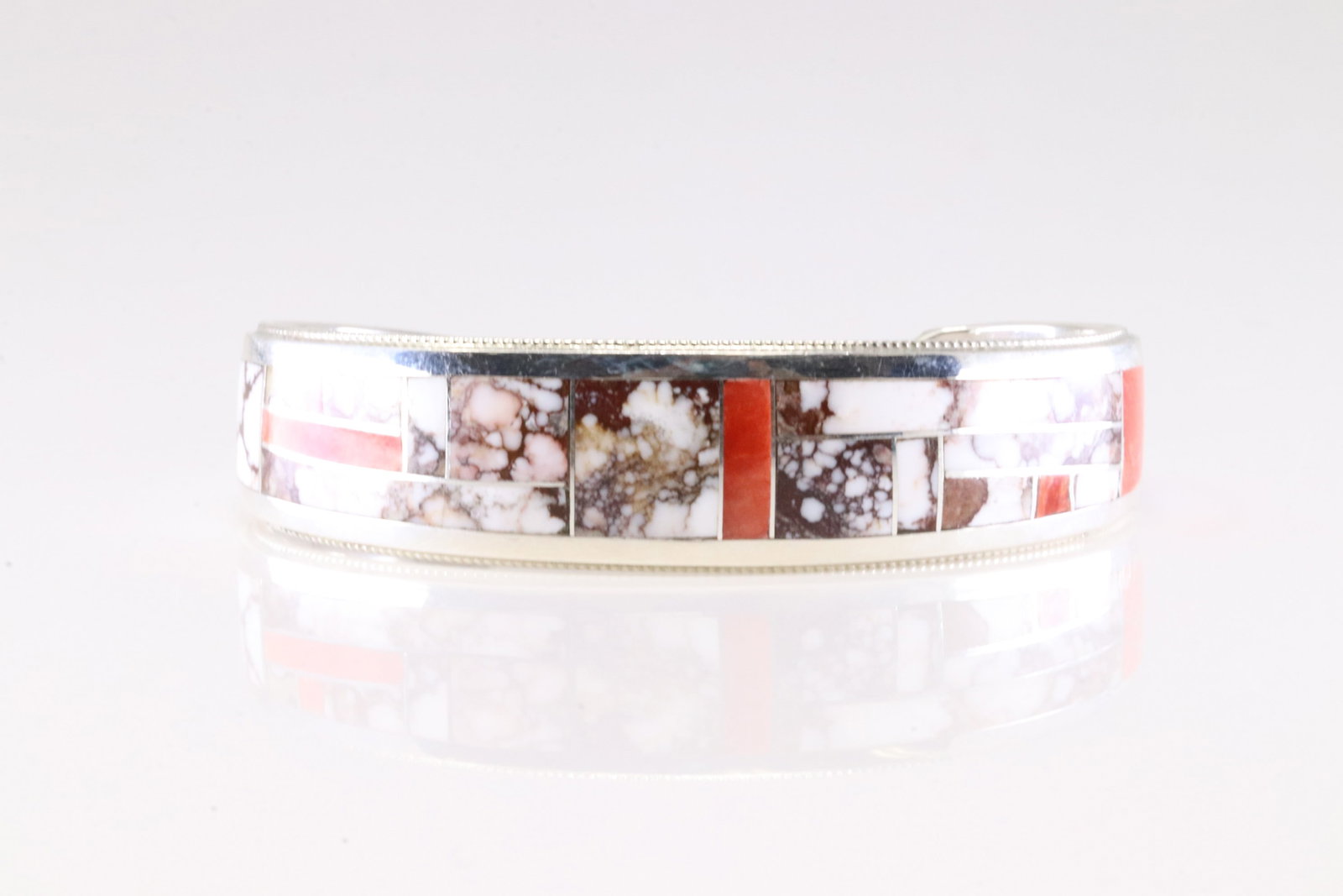 Native America Zuni Sterling Silver Wild Horse & Spiny Oyster Inlay Bracelet Cuff By R.G.B.: This is a Native America Zuni Sterling Silver Wild Horse & Spiny Oyster Inlay Bracelet Cuff By R.G.B.