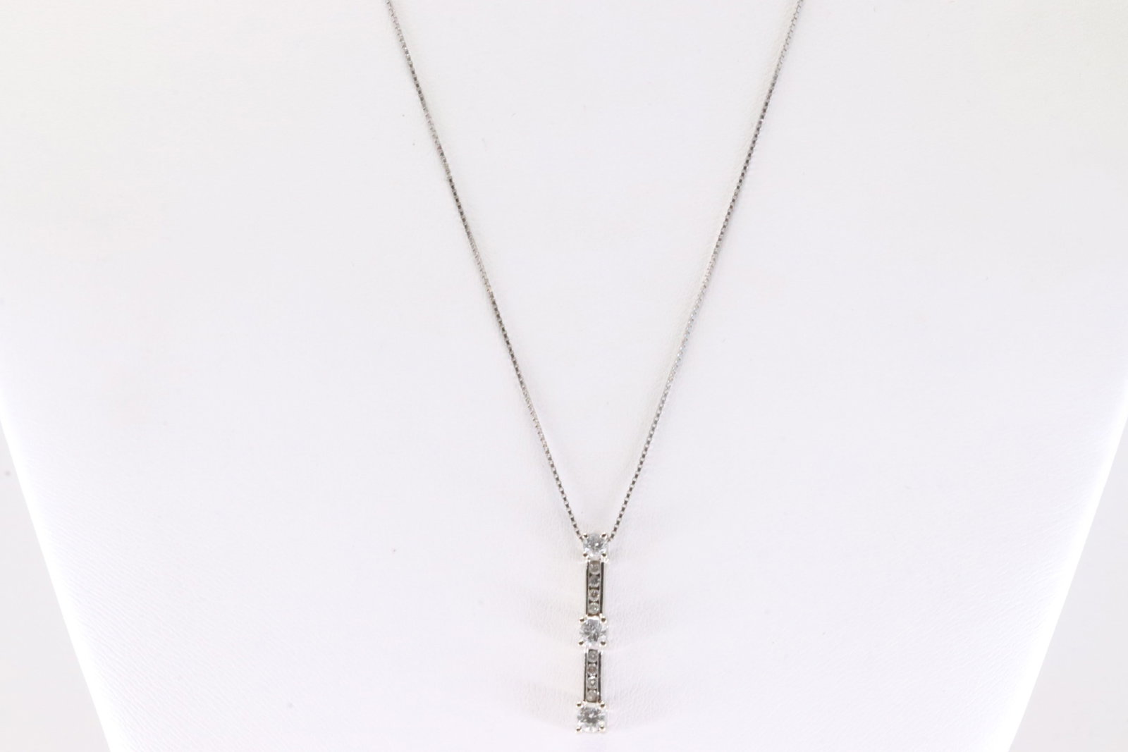 Past/ Present/ Future Diamond Pendant & Necklace 14Kt.: 14Kt White Gold Diamond Pendant & Necklace. This Pendant has 3 Brilliants Diamonds / Representing your Past, Present, and Future with A 14K Necklace. Necklace length: 20.00" Total weight: 3.00 Grams.