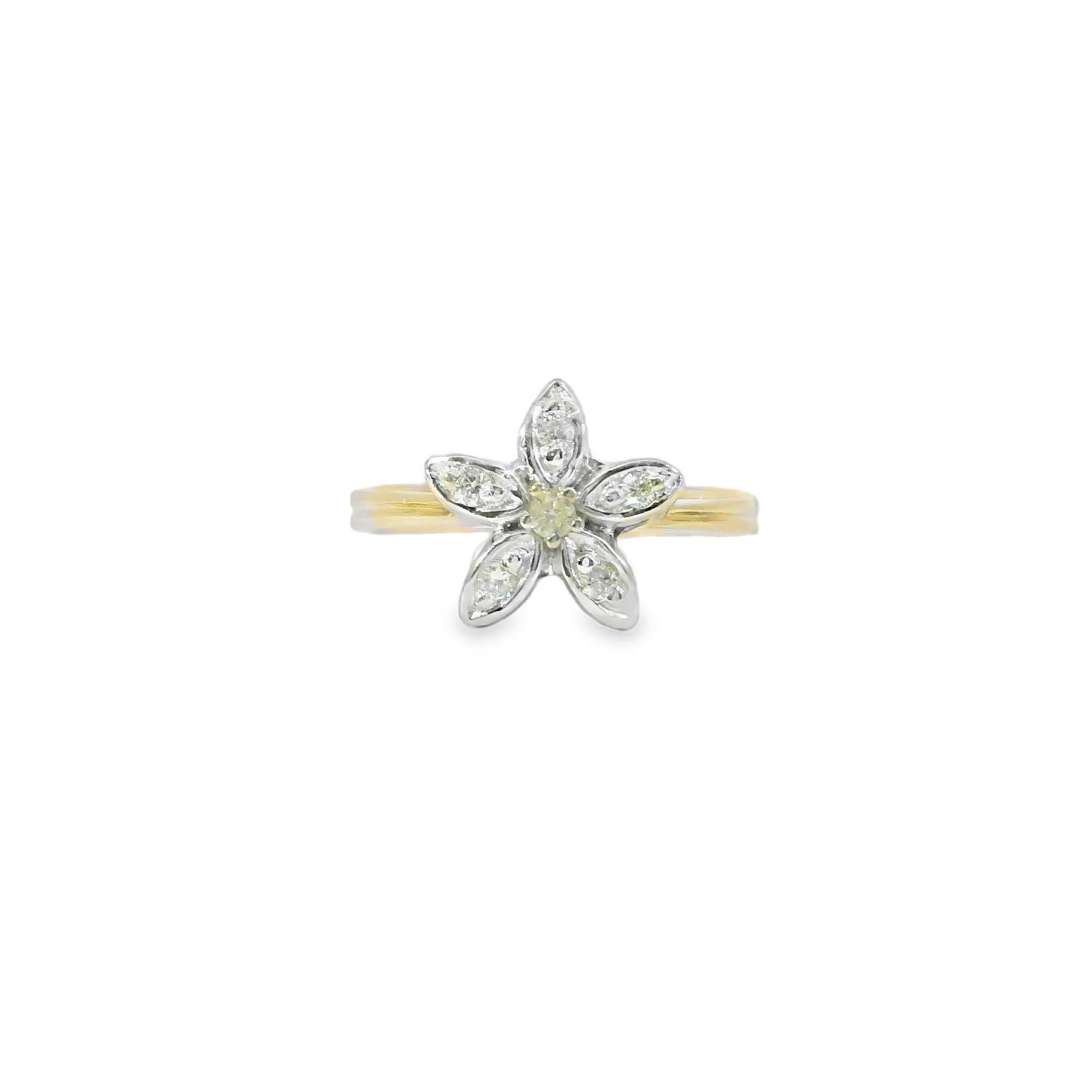 Flower Diamond Ring 14Kt.: Ladies 14Kt Yellow Gold Flower Diamond Ring. ring features a delicate flower design with 6 sparkling Diamonds set in each petal. The band is crafted from high-quality metal, ensuring both durability